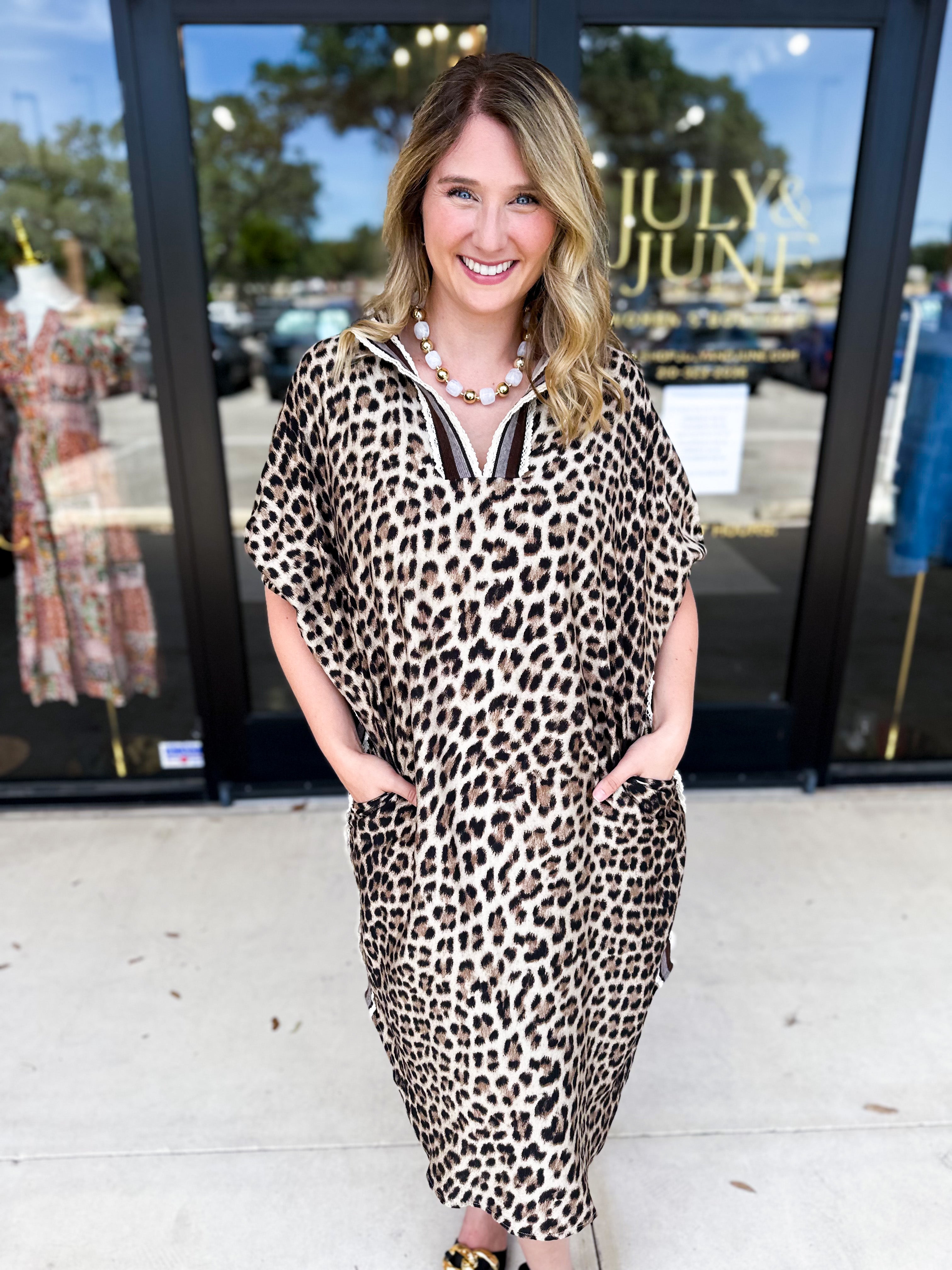 Leopard Caftan Midi Dress - Mocha-500 Midi-ENTRO-July & June Women's Fashion Boutique Located in San Antonio, Texas