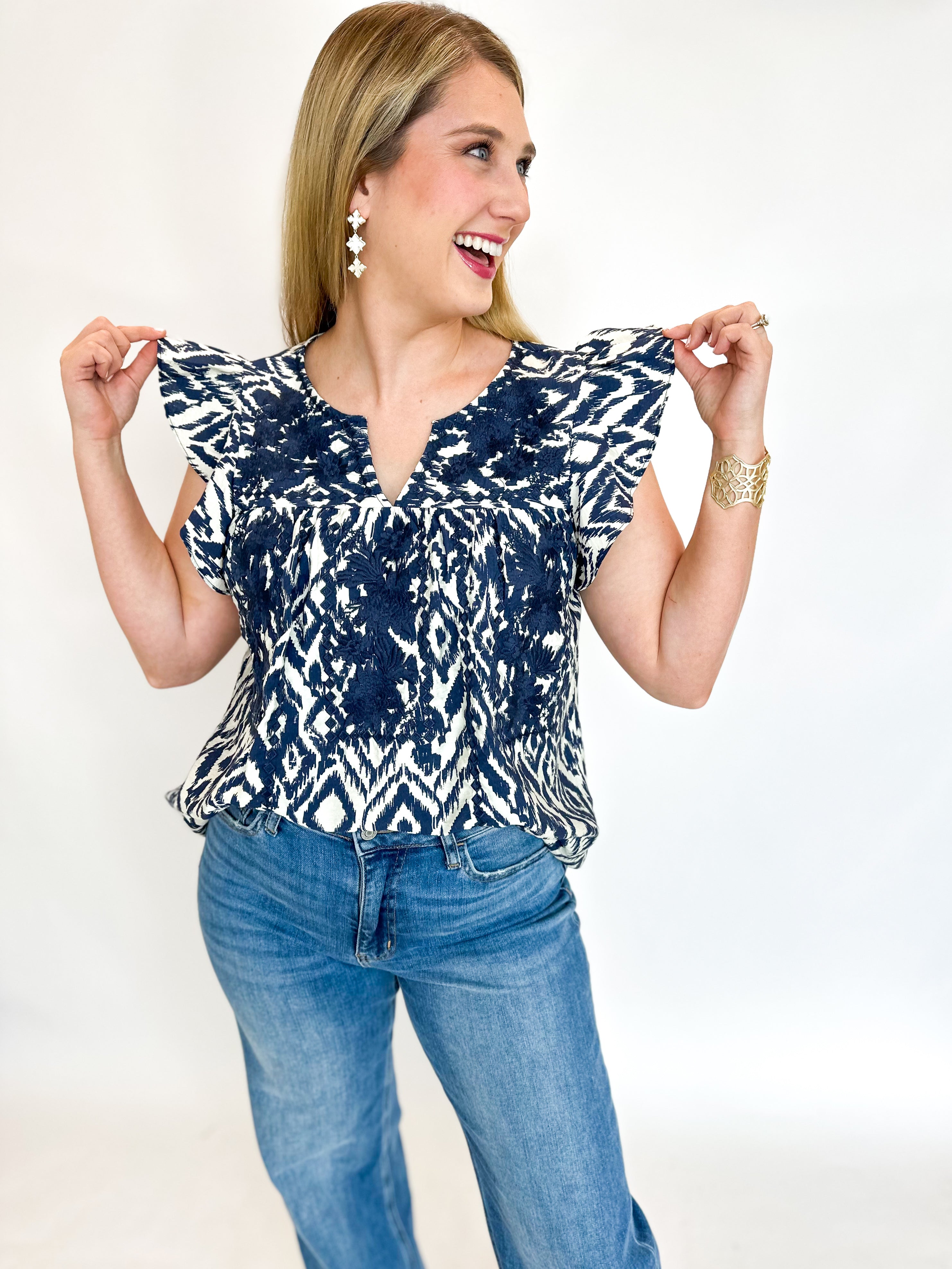 Navy & White Embroidered Blouse-200 Fashion Blouses-ANDREE BY UNIT-July & June Women's Fashion Boutique Located in San Antonio, Texas