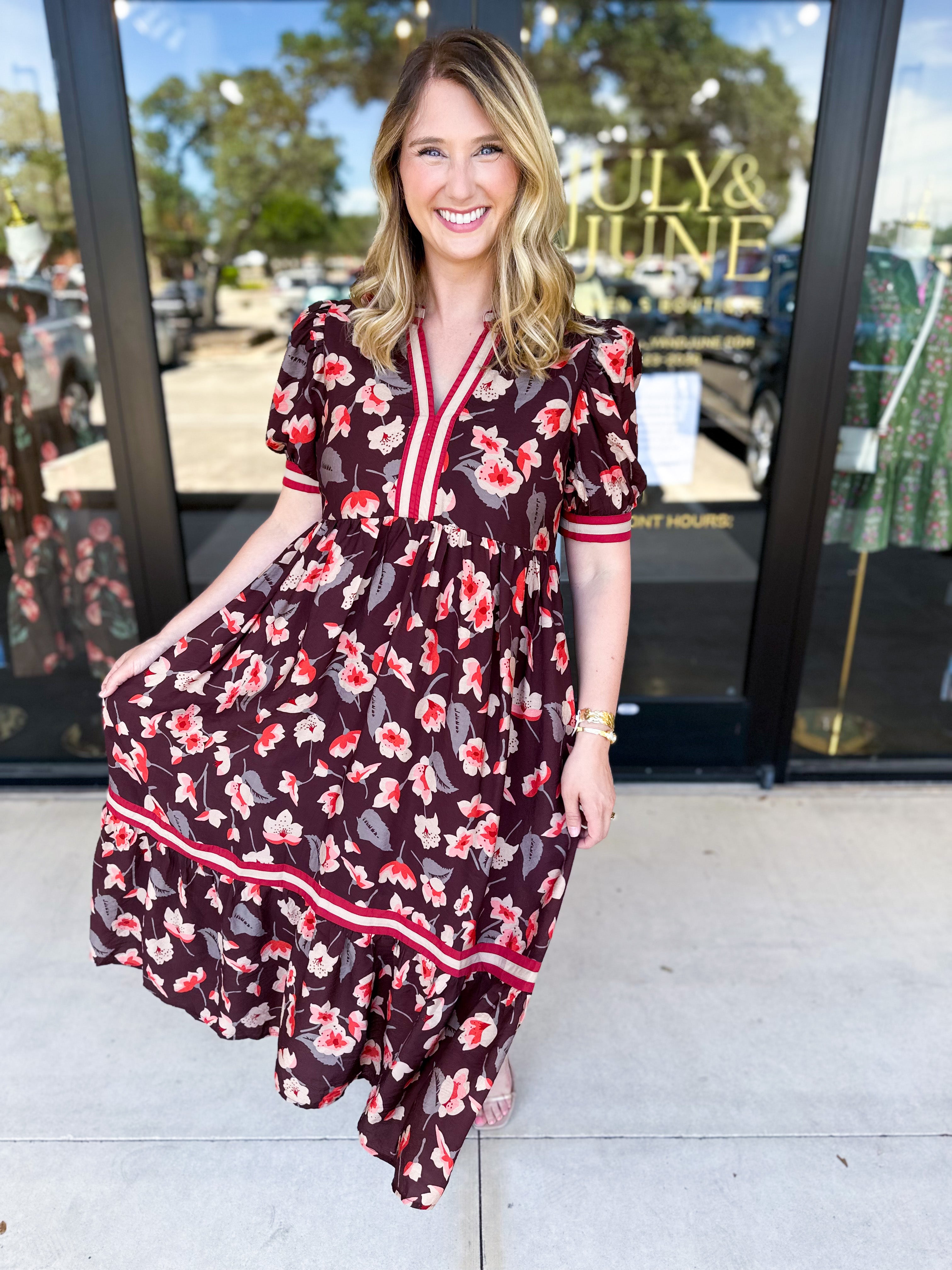 Chocolate Brown Floral Midi Dress-500 Midi-ENTRO-July & June Women's Fashion Boutique Located in San Antonio, Texas
