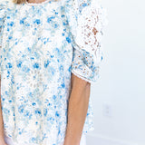Blue Floral Crochet Blouse-200 Fashion Blouses-ENTRO-July & June Women's Fashion Boutique Located in San Antonio, Texas