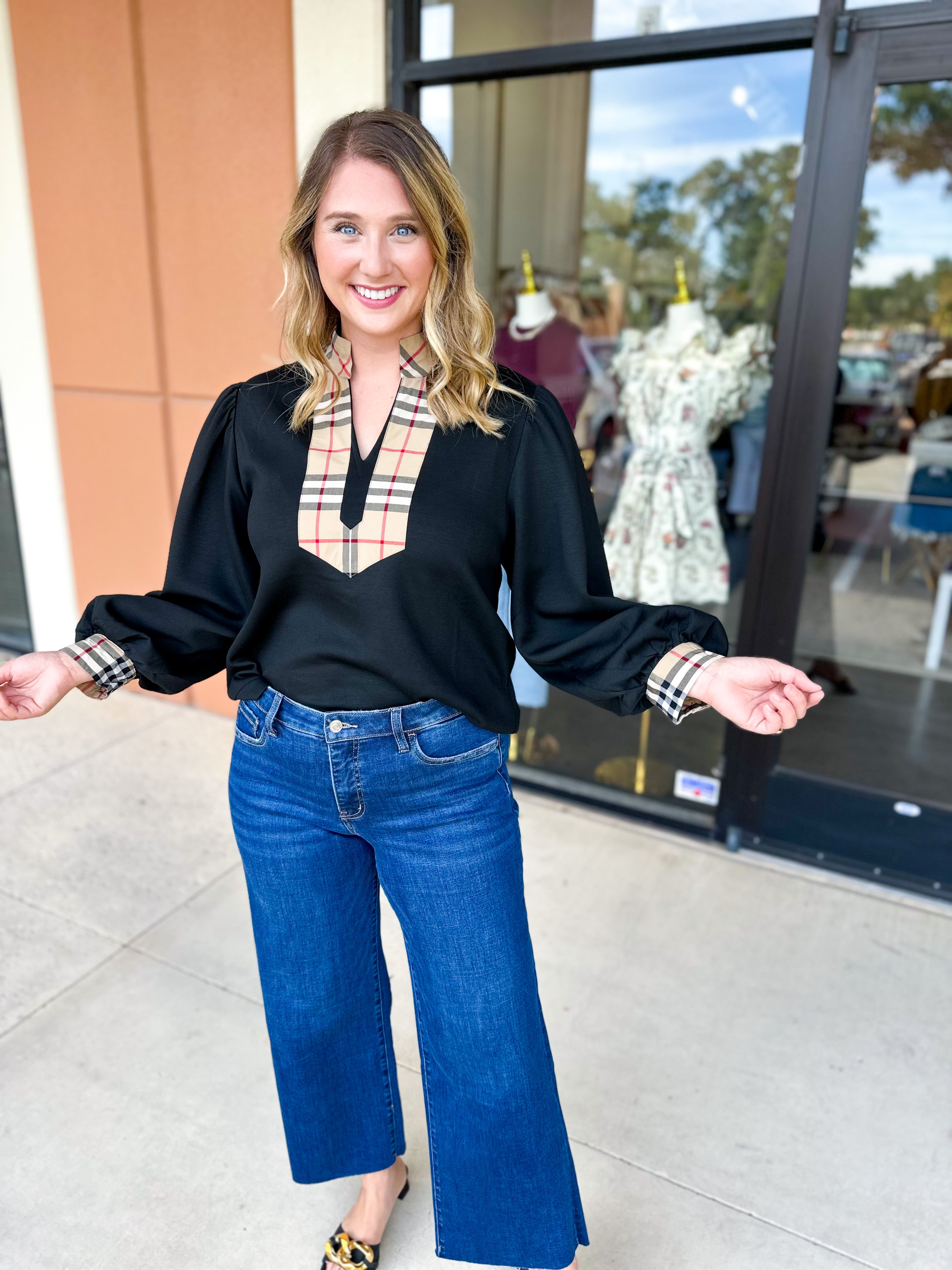 Tan & Black Tartan Blouse-200 Fashion Blouses-JODIFL-July & June Women's Fashion Boutique Located in San Antonio, Texas
