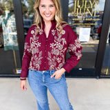Elara Embroidered Blouse - Burgundy-200 Fashion Blouses-ENTRO-July & June Women's Fashion Boutique Located in San Antonio, Texas