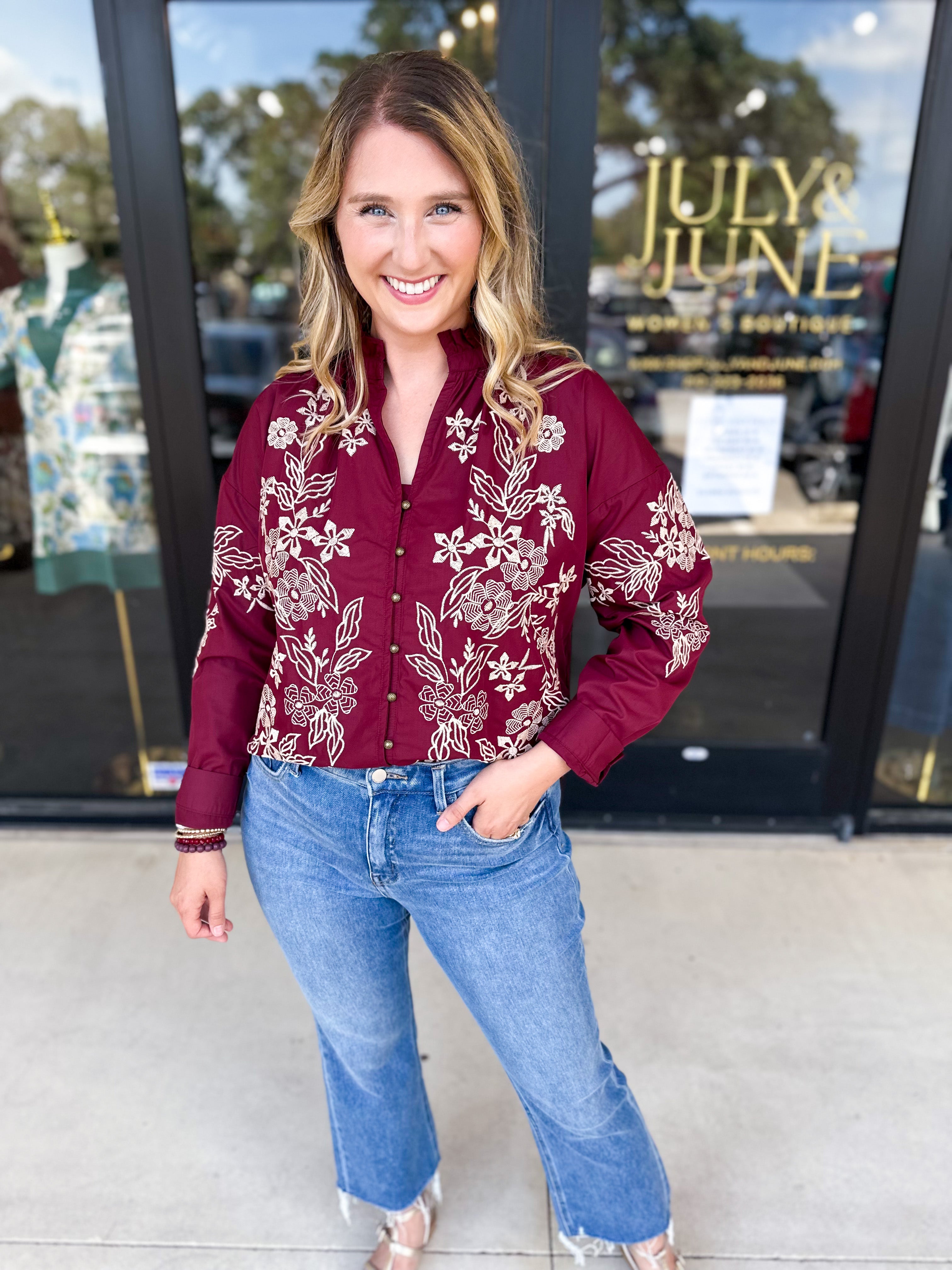 Elara Embroidered Blouse - Burgundy-200 Fashion Blouses-ENTRO-July & June Women's Fashion Boutique Located in San Antonio, Texas
