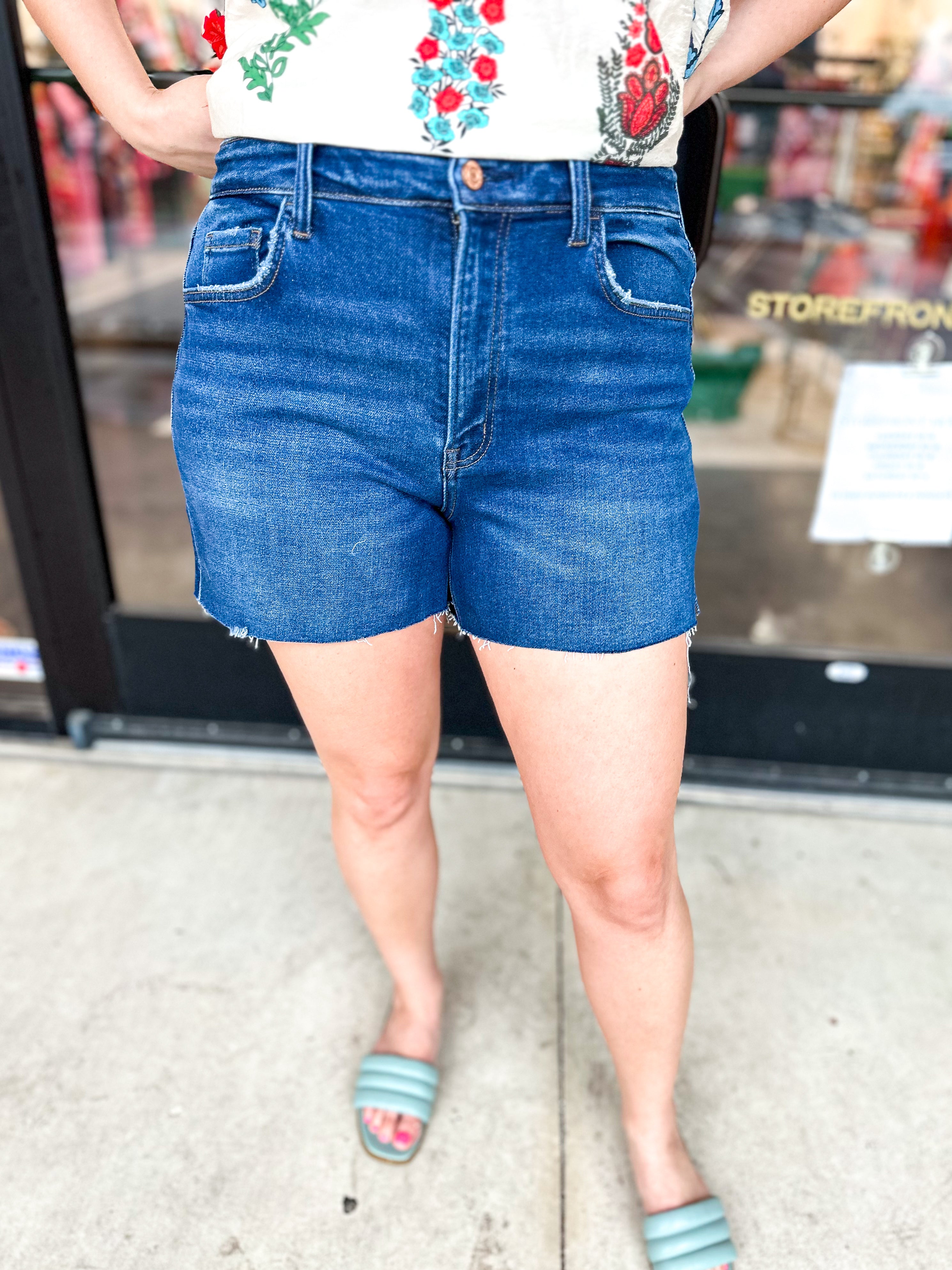 Vervet High Rise Dark Wash Denim Shorts-410 Shorts/Skirts-VEVERT BY FLYING MONKEY-July & June Women's Fashion Boutique Located in San Antonio, Texas