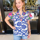 THML - Bold Blue Embroidered Blouse-200 Fashion Blouses-THML-July & June Women's Fashion Boutique Located in San Antonio, Texas