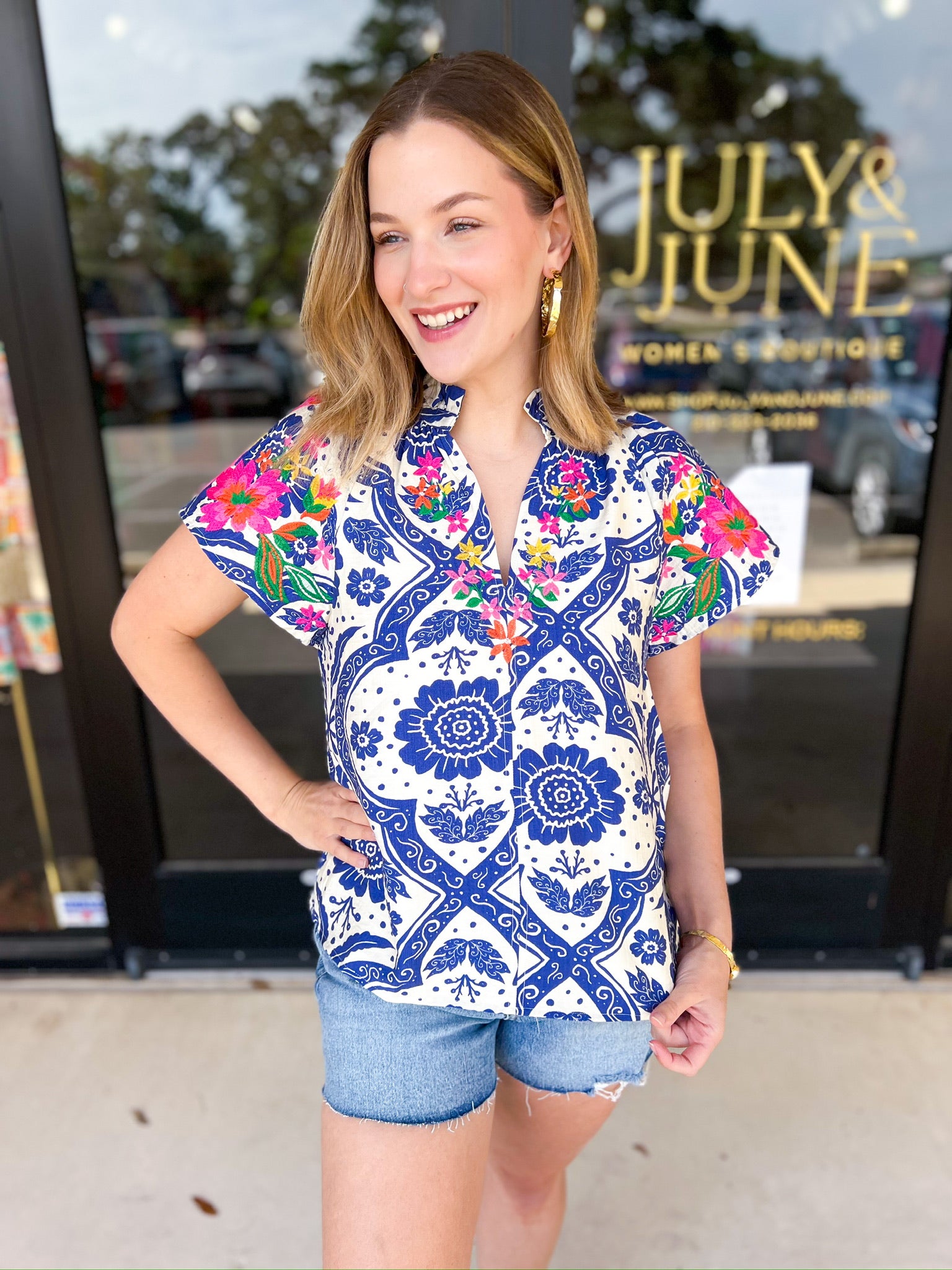 THML - Bold Blue Embroidered Blouse-200 Fashion Blouses-THML-July & June Women's Fashion Boutique Located in San Antonio, Texas