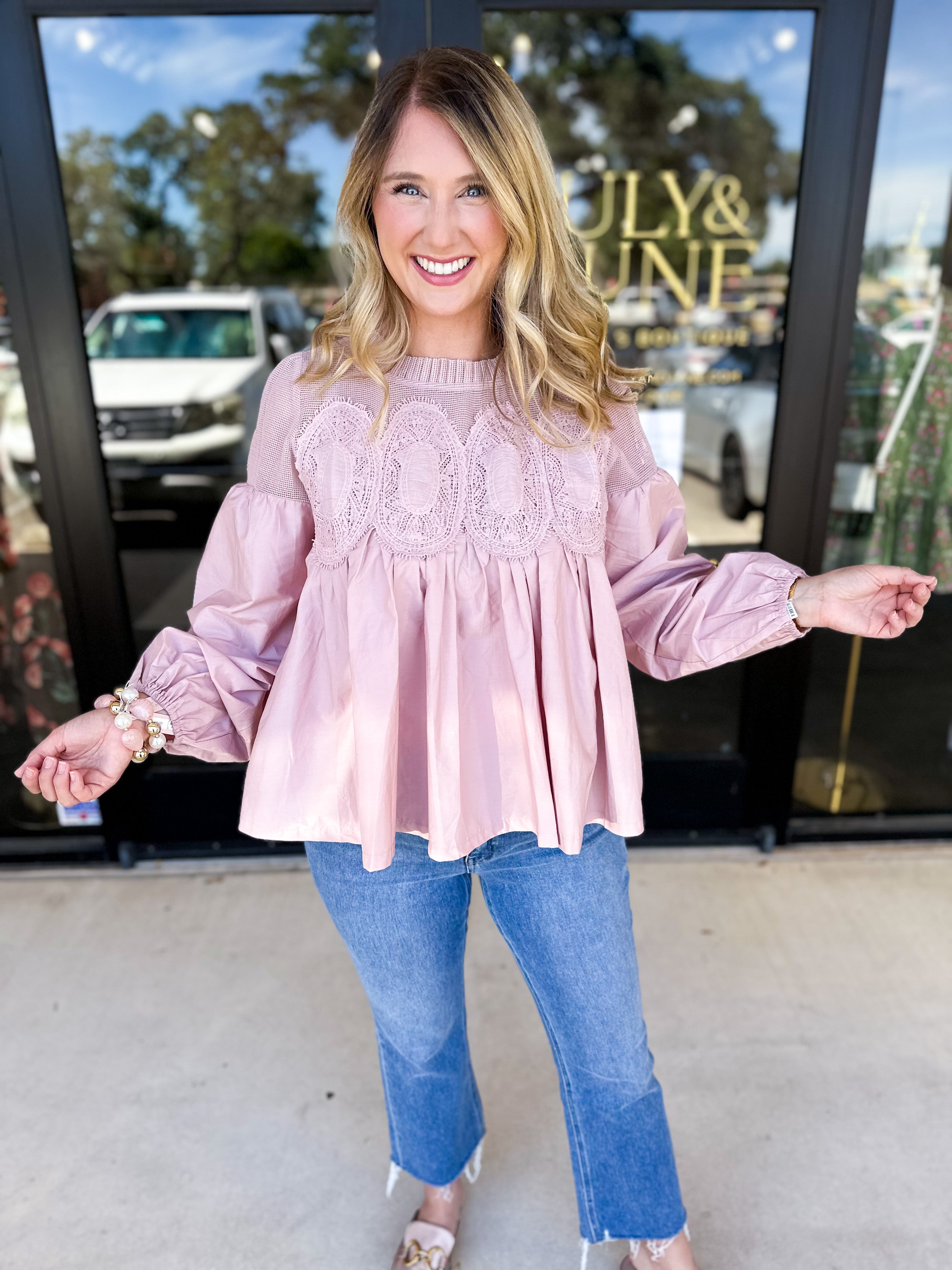 The Lace Details Blouse Long Sleeve - Blush-200 Fashion Blouses-FATE-July & June Women's Fashion Boutique Located in San Antonio, Texas
