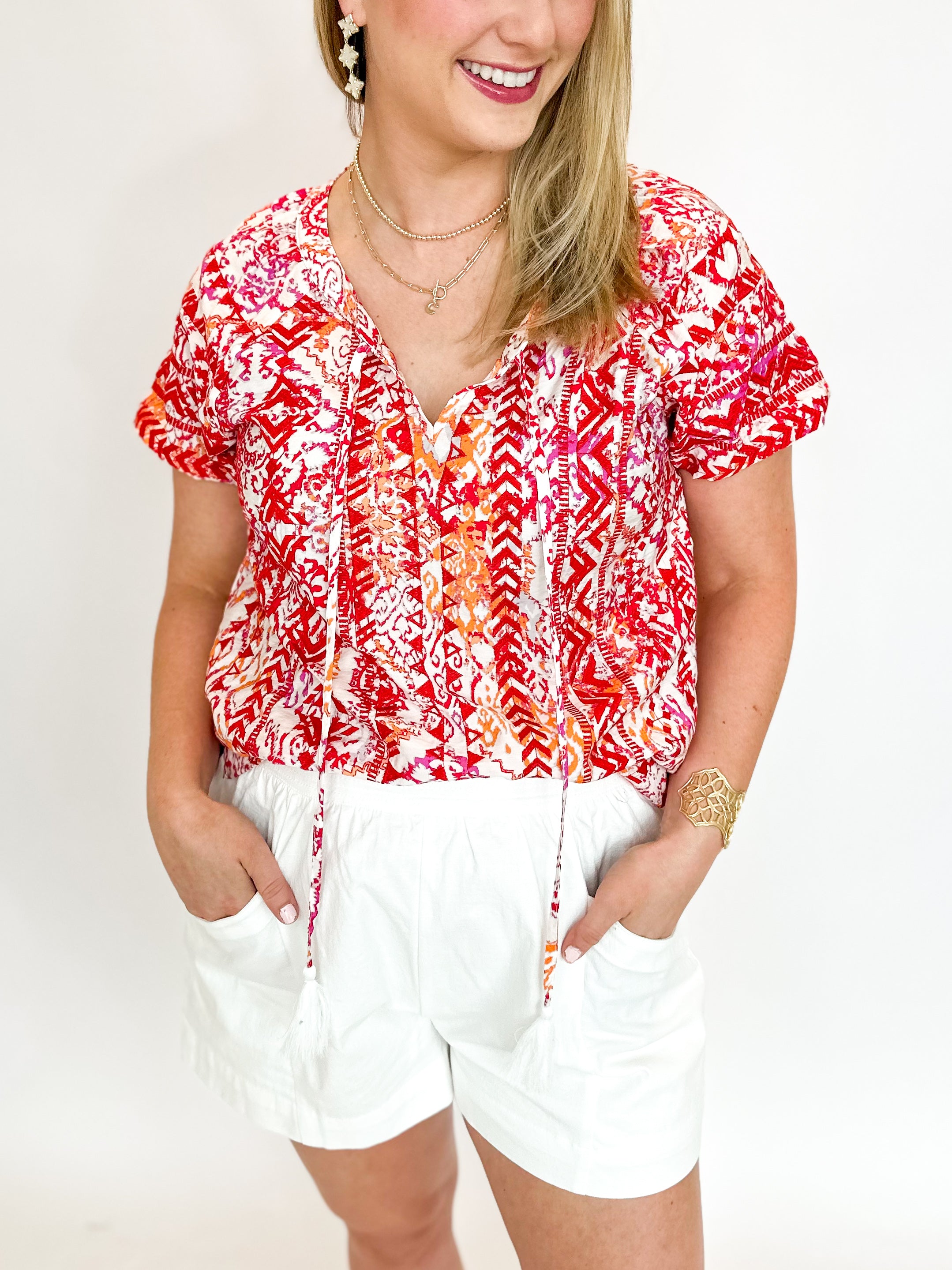Bold Red Embroidered Blouse-200 Fashion Blouses-ANDREE BY UNIT-July & June Women's Fashion Boutique Located in San Antonio, Texas