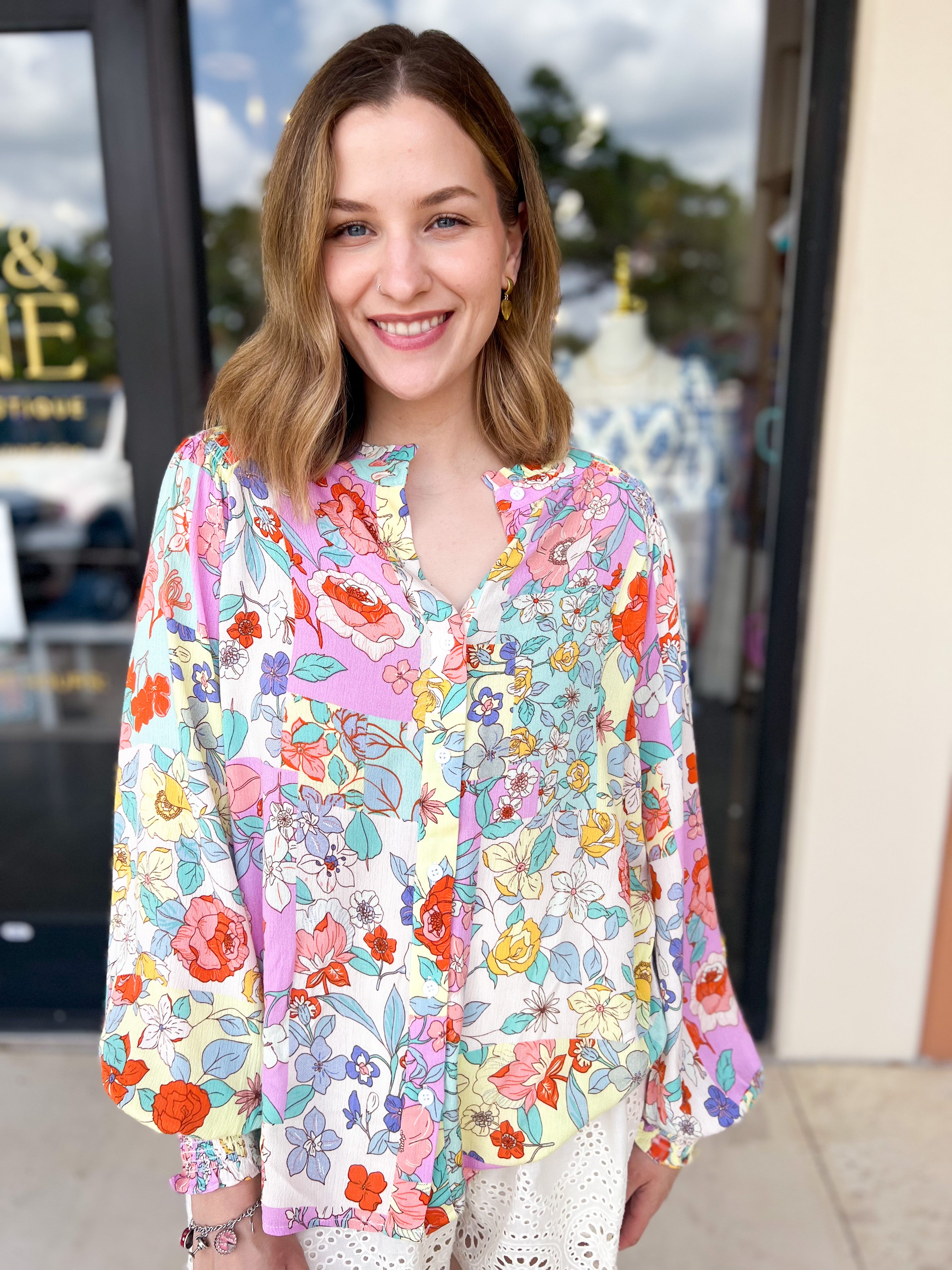 Lavender & Yellow Floral Blouse-200 Fashion Blouses-FATE-July & June Women's Fashion Boutique Located in San Antonio, Texas