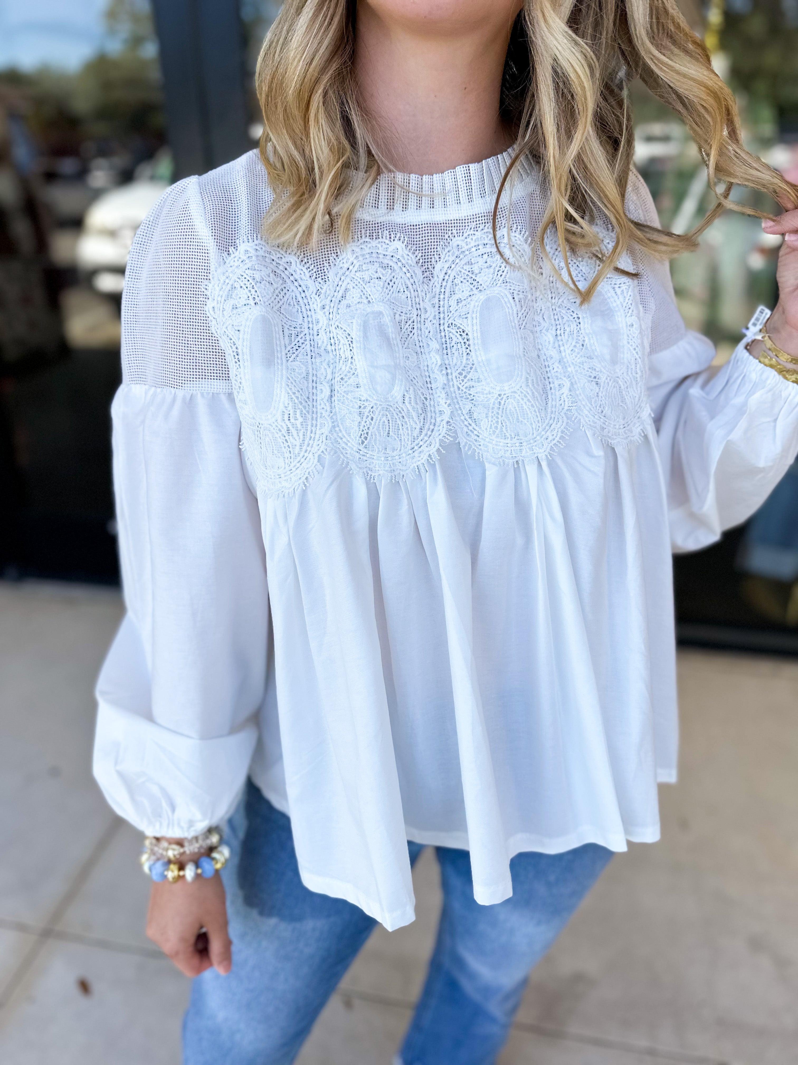 The Lace Details Blouse Long Sleeve - Ivory-200 Fashion Blouses-FATE-July & June Women's Fashion Boutique Located in San Antonio, Texas