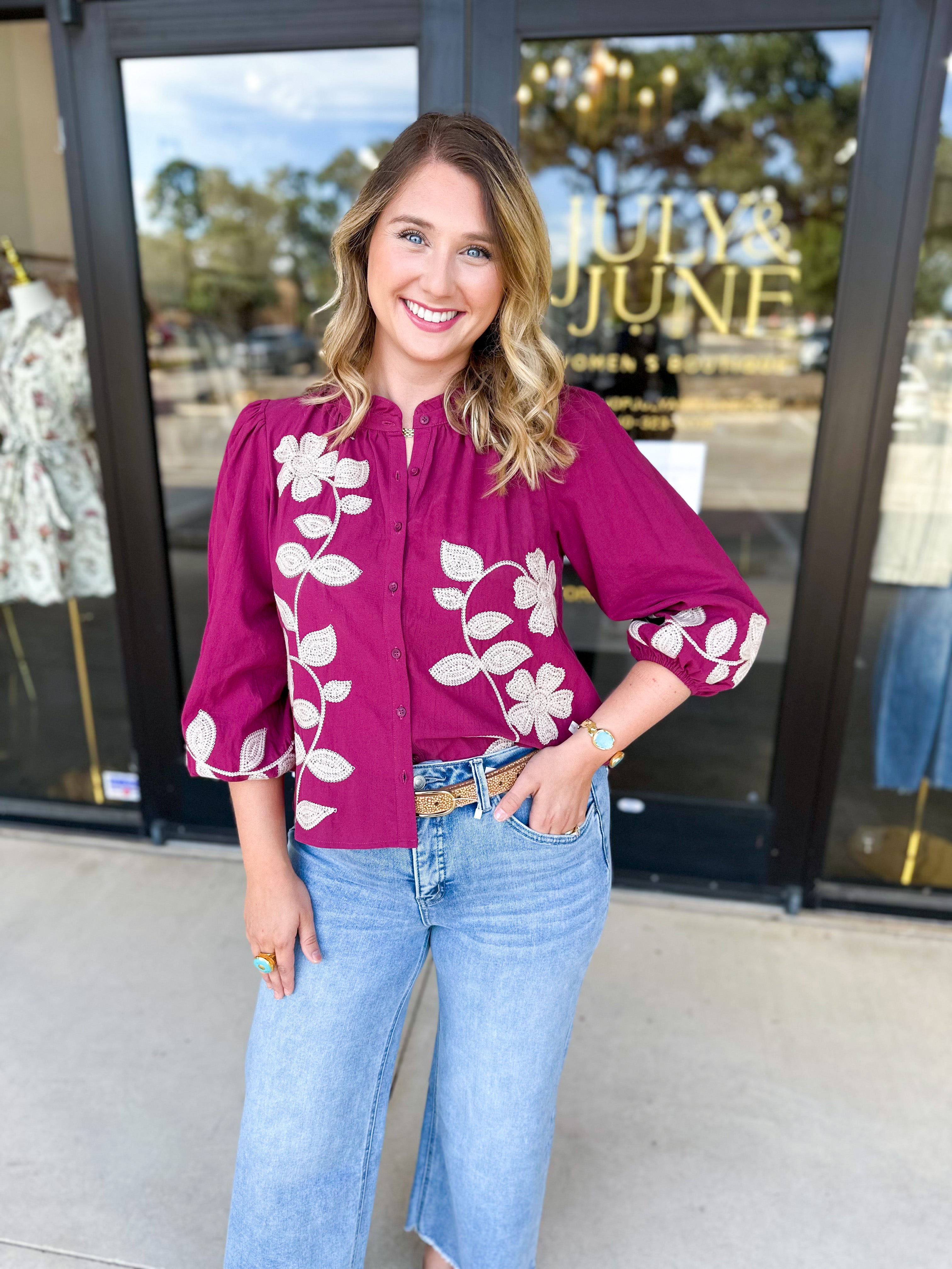 Mallory Embroidered Blouse - Magenta-200 Fashion Blouses-ABLE-July & June Women's Fashion Boutique Located in San Antonio, Texas
