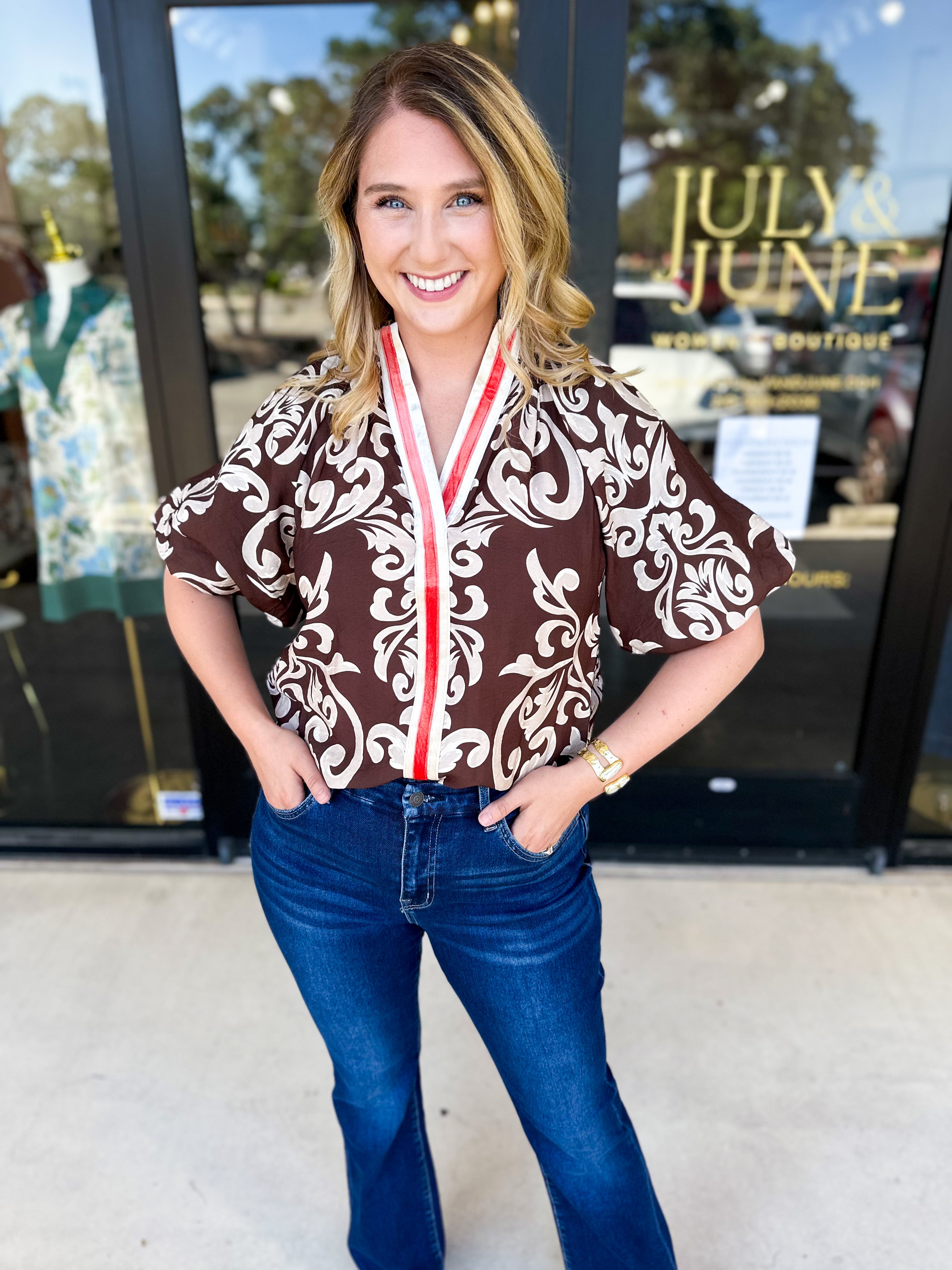 THML - Mocha Scroll Blouse-200 Fashion Blouses-THML-July & June Women's Fashion Boutique Located in San Antonio, Texas