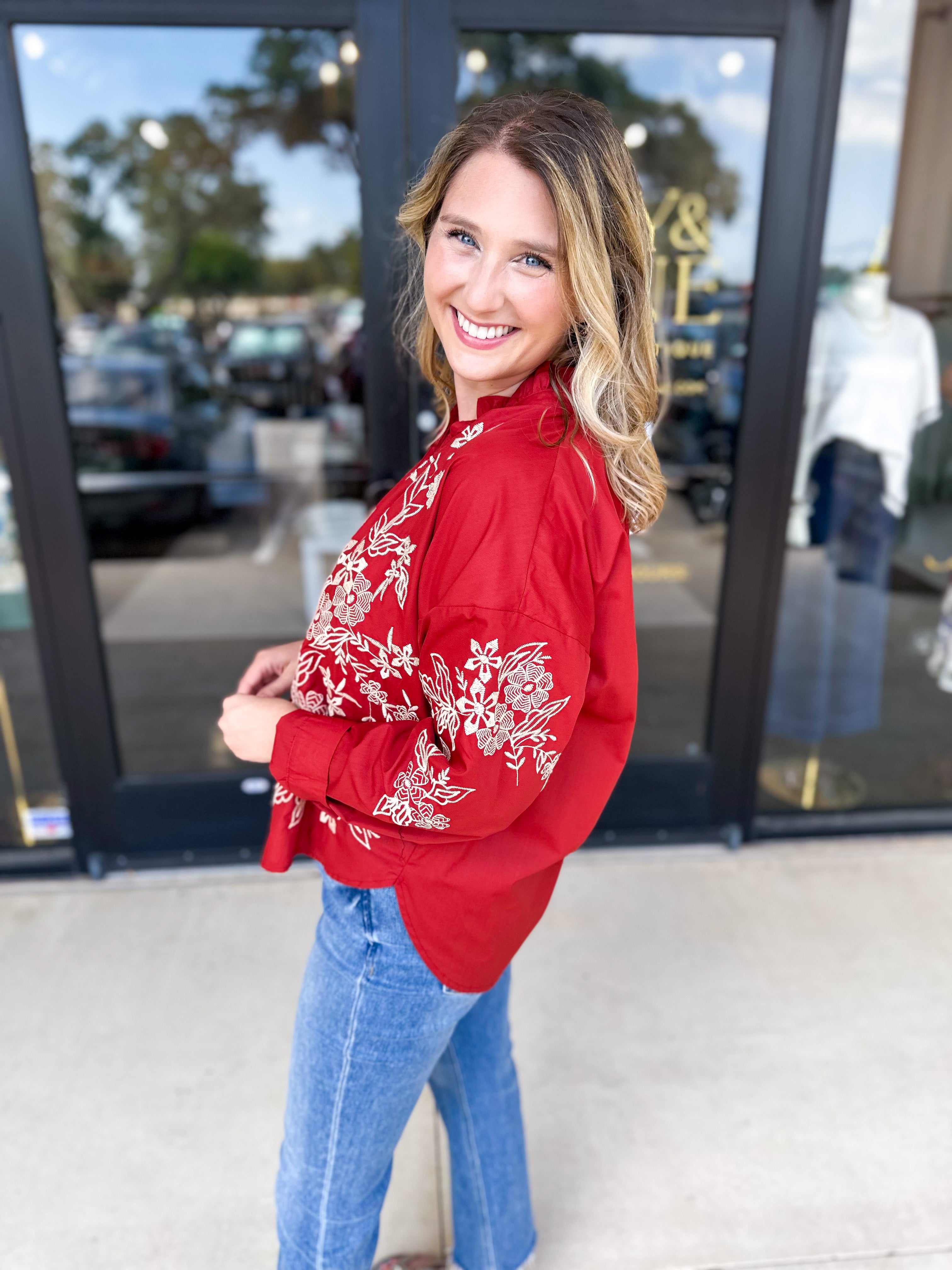Elara Embroidered Blouse - Rust-200 Fashion Blouses-ENTRO-July & June Women's Fashion Boutique Located in San Antonio, Texas