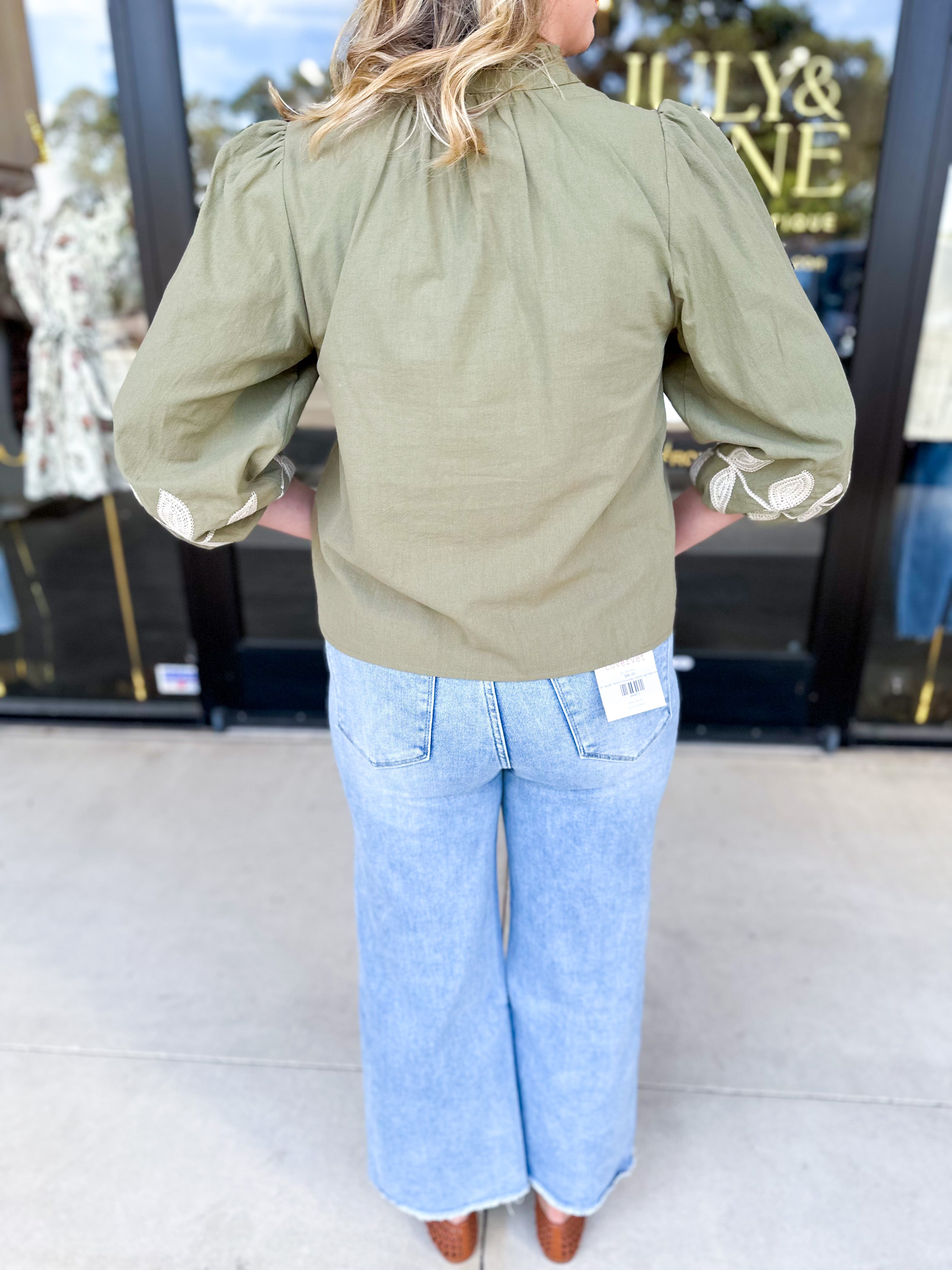 Mallory Embroidered Blouse - Light Olive-200 Fashion Blouses-ABLE-July & June Women's Fashion Boutique Located in San Antonio, Texas