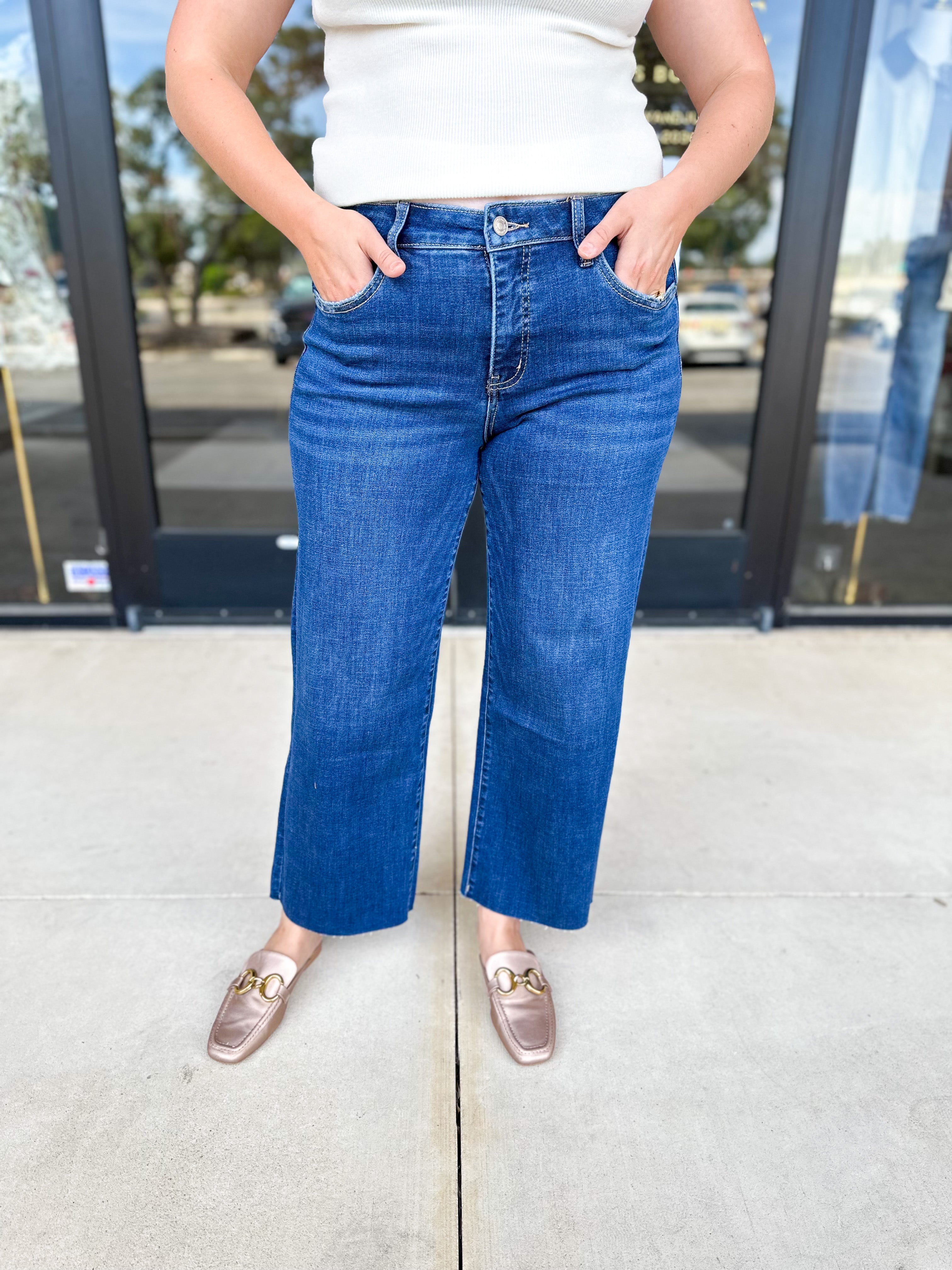 Vervet - Dark Mid Rise Wide Leg Tummy Control Jeans-400 Pants-VEVERT BY FLYING MONKEY-July & June Women's Fashion Boutique Located in San Antonio, Texas