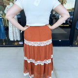 Rust Lace Midi Skirt-410 Shorts/Skirts-LISTICLE-July & June Women's Fashion Boutique Located in San Antonio, Texas