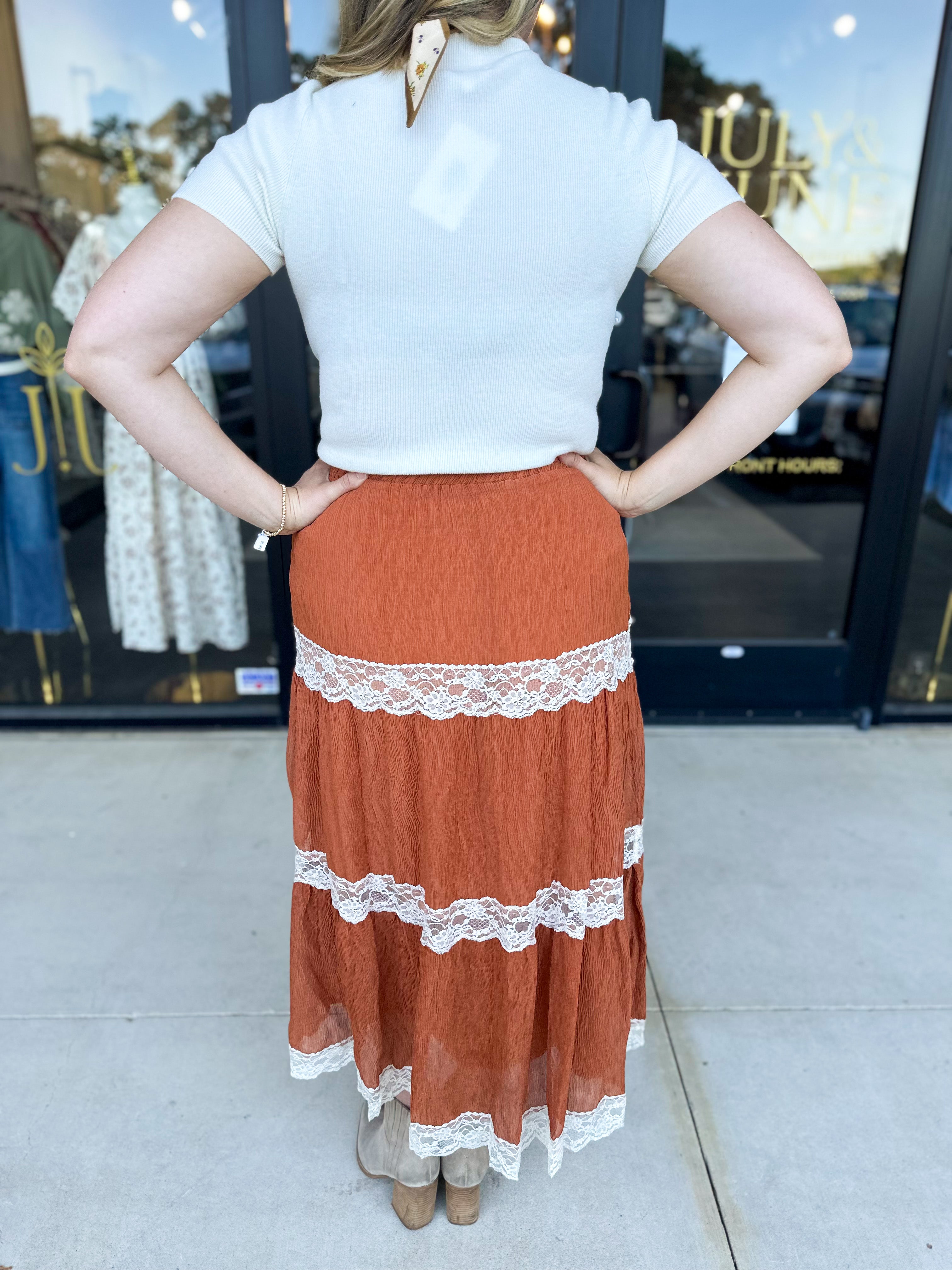 Rust Lace Midi Skirt-410 Shorts/Skirts-LISTICLE-July & June Women's Fashion Boutique Located in San Antonio, Texas