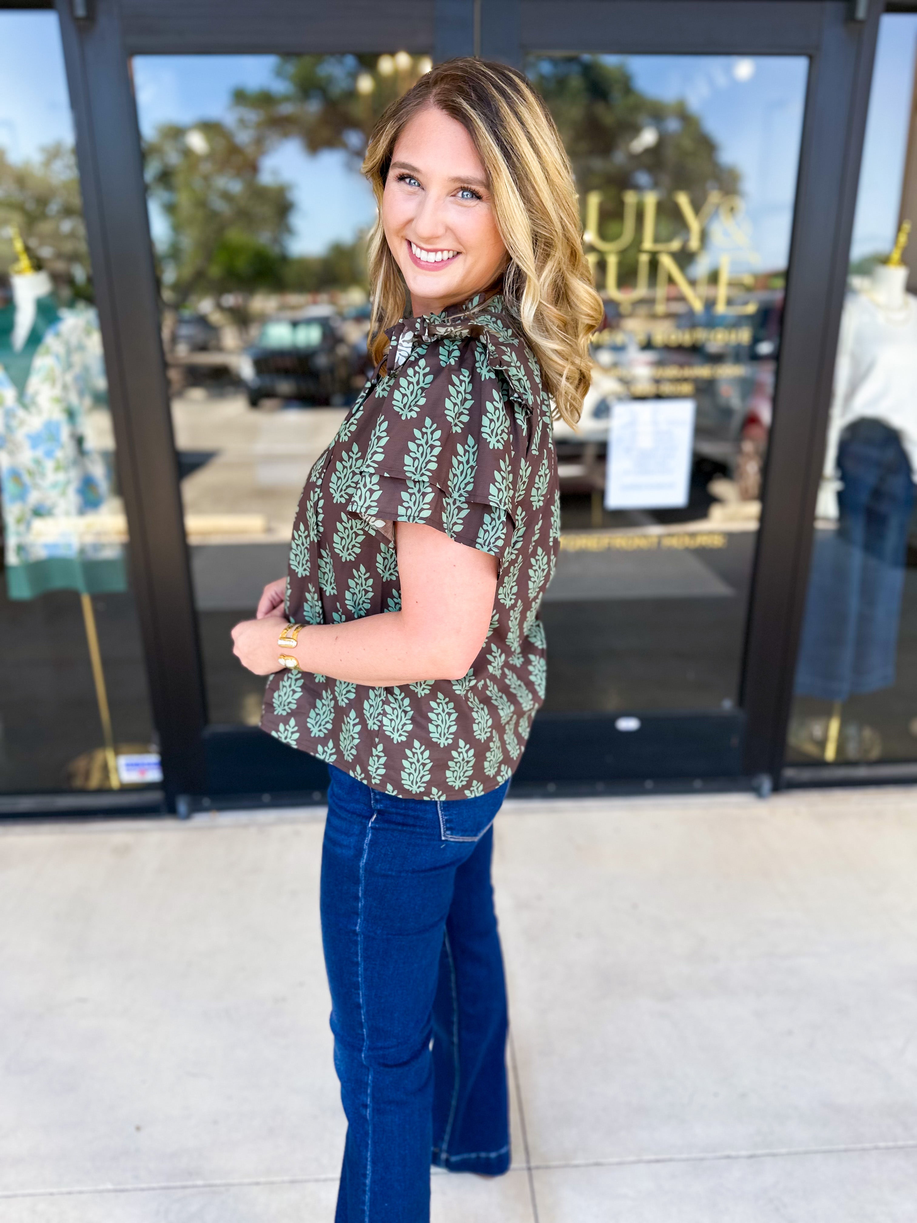 Mint & Mocha Blouse-200 Fashion Blouses-ENTRO-July & June Women's Fashion Boutique Located in San Antonio, Texas