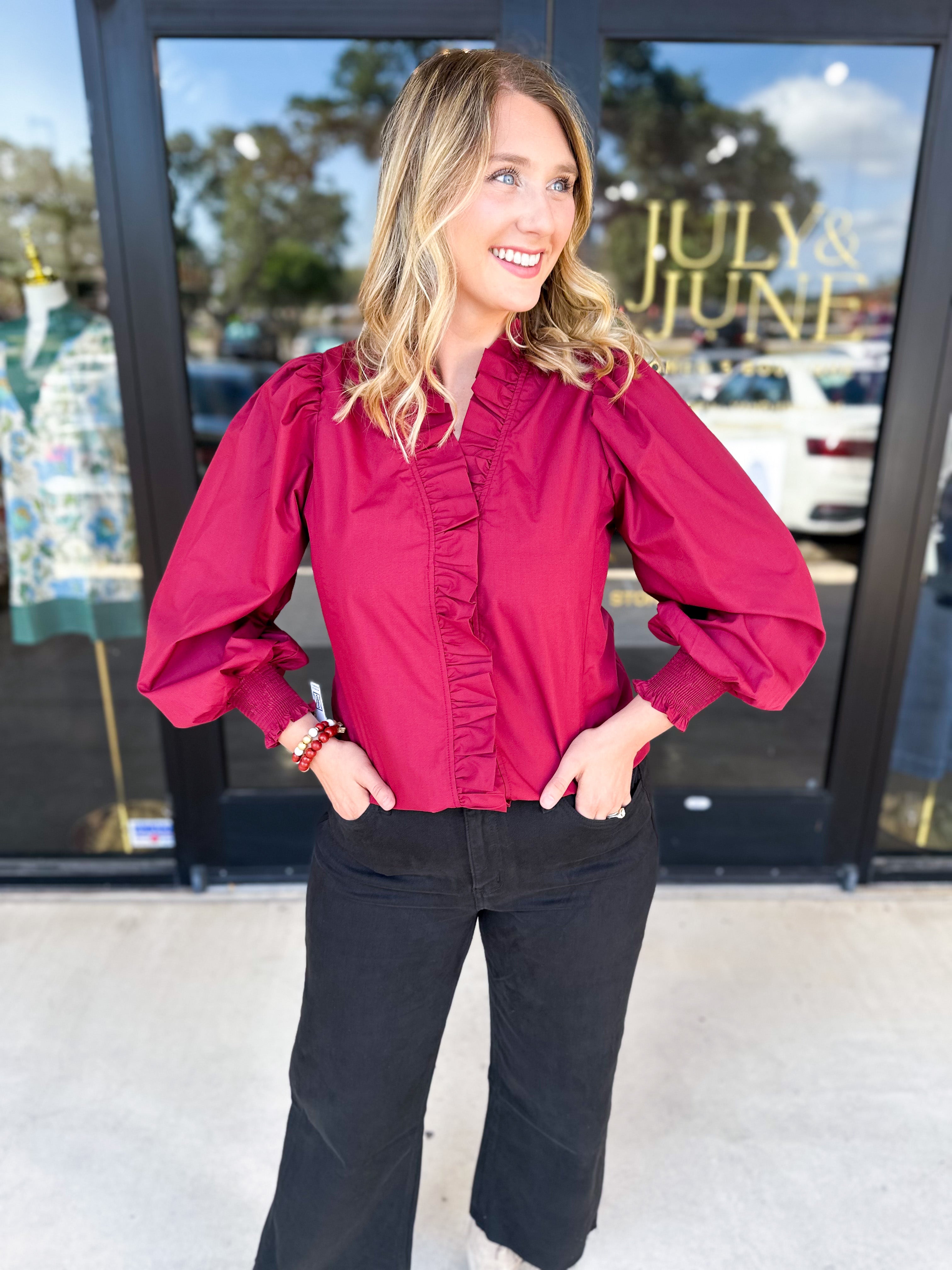 Burgundy Ruffle Blouse-200 Fashion Blouses-ENTRO-July & June Women's Fashion Boutique Located in San Antonio, Texas
