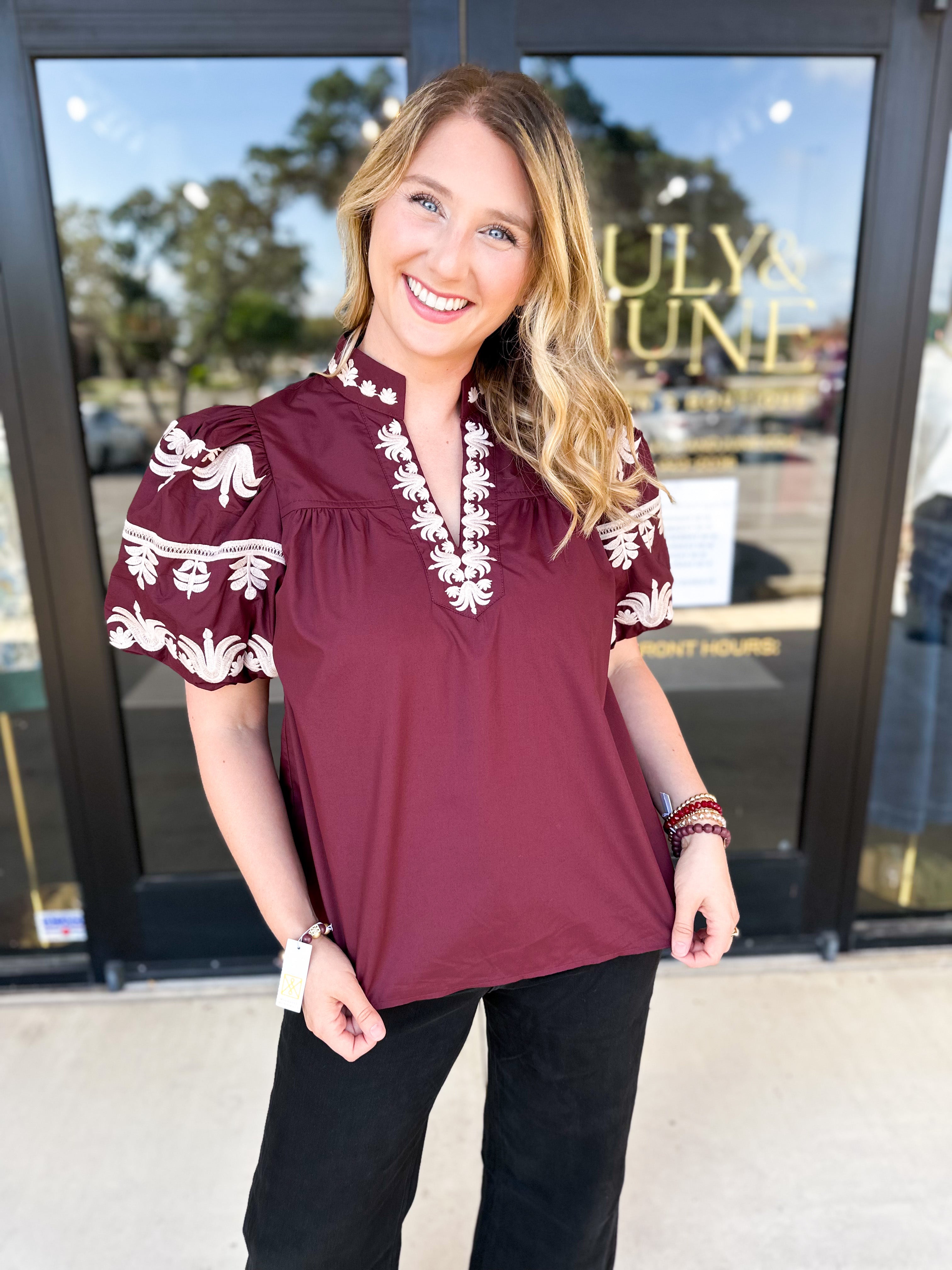 Maroon Embroidered Blouse-200 Fashion Blouses-ENTRO-July & June Women's Fashion Boutique Located in San Antonio, Texas