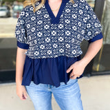 The Fall Peplum Top - Navy-200 Fashion Blouses-ENTRO-July & June Women's Fashion Boutique Located in San Antonio, Texas