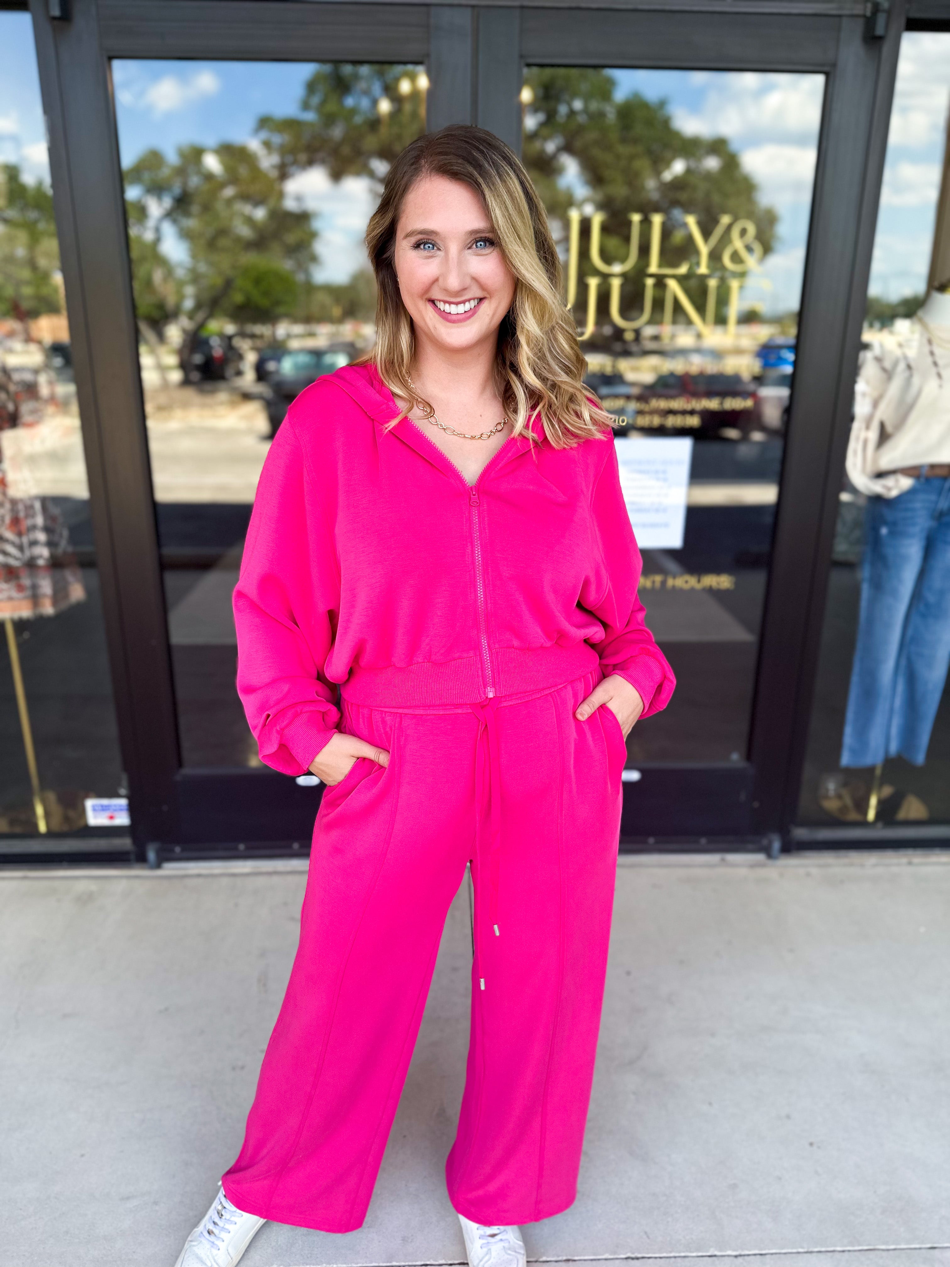 Soft Modal Hooded Jacket - Fuchsia Pink-300 Athleisure/Lounge-SKIES ARE BLUE-July & June Women's Fashion Boutique Located in San Antonio, Texas