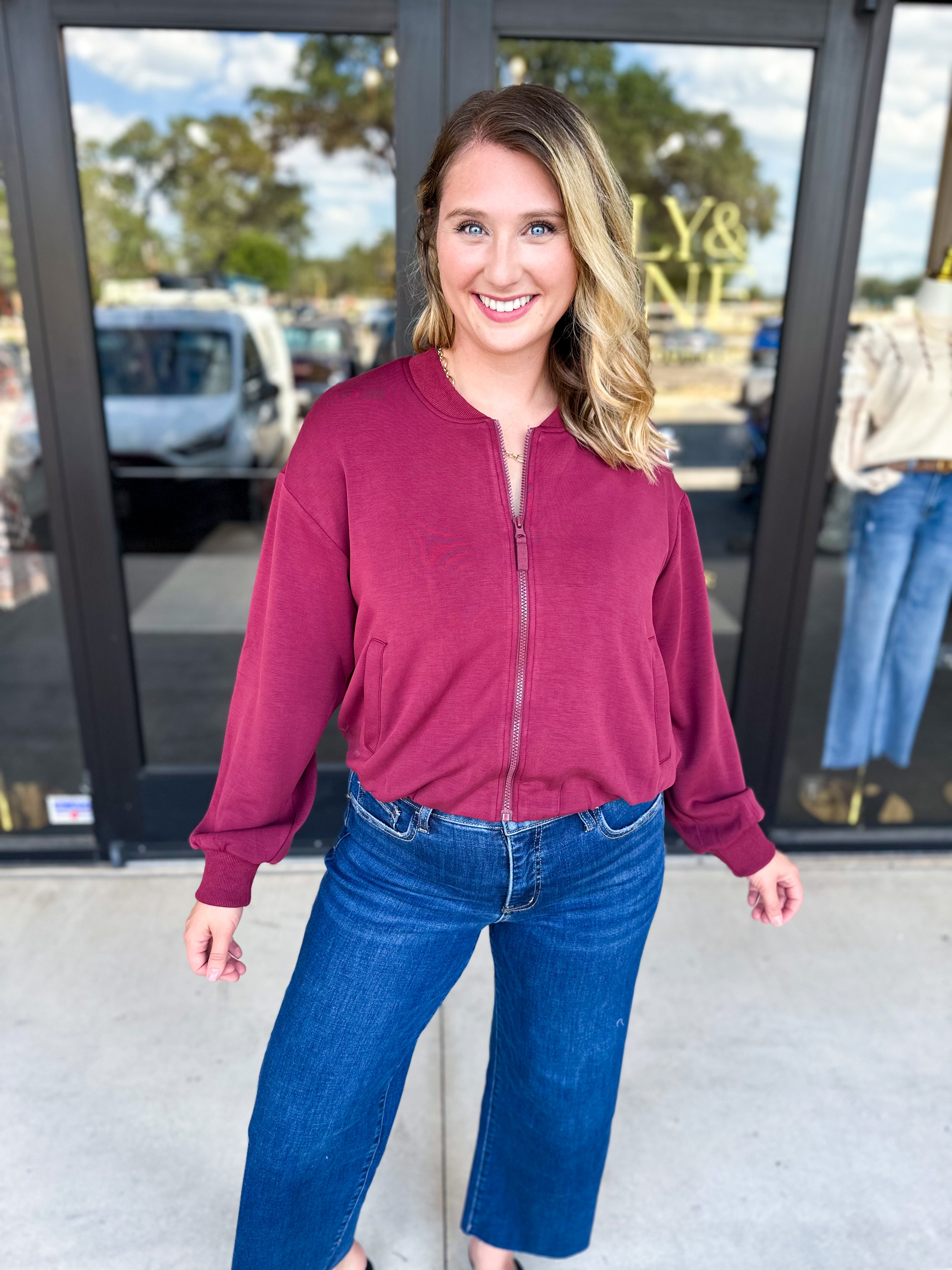 Soft Modal Bomber Jacket - Wine-300 Athleisure/Lounge-SKIES ARE BLUE-July & June Women's Fashion Boutique Located in San Antonio, Texas