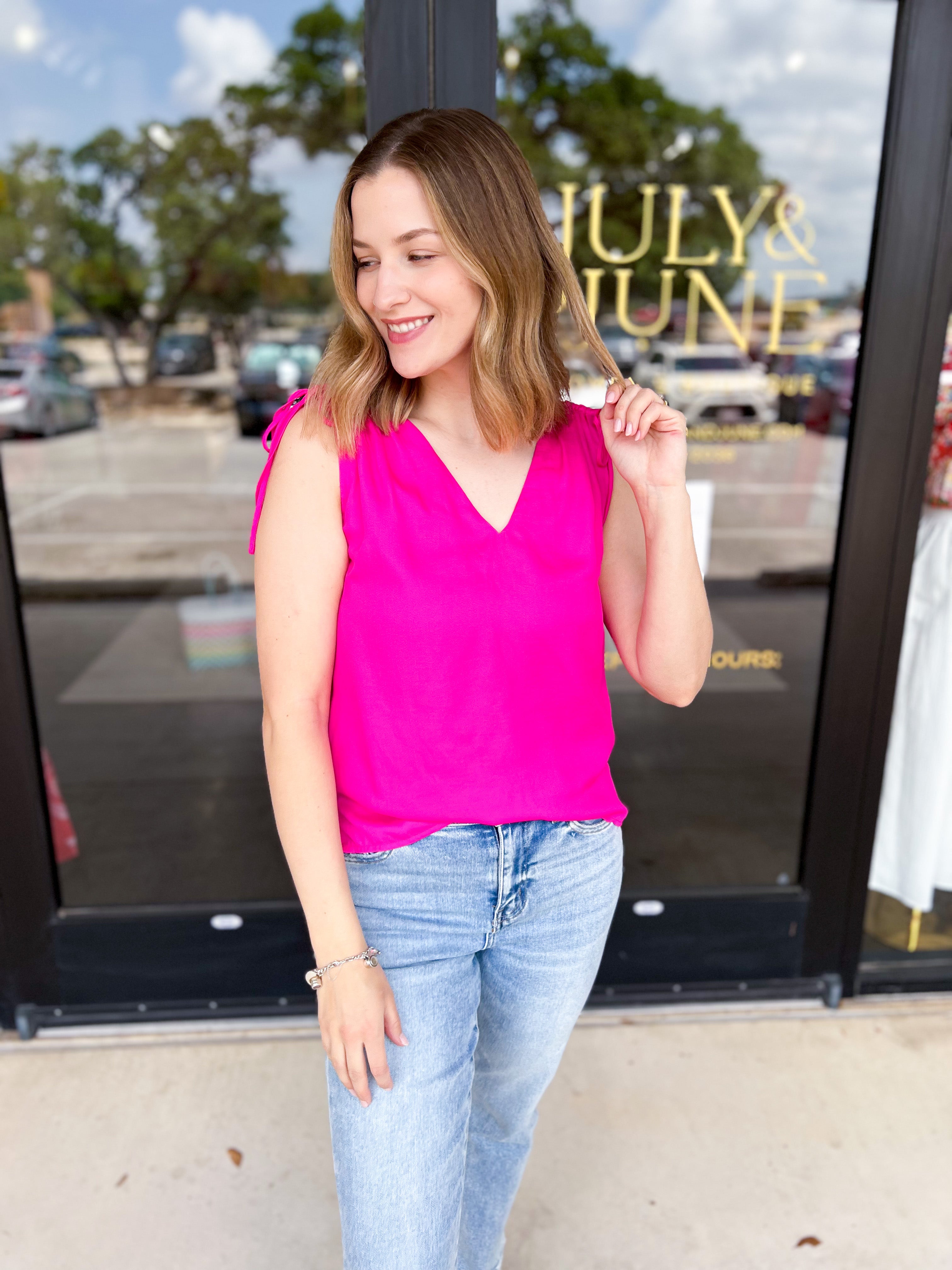 Elevated Shoulder Tie Tank- Hot Pink-200 Fashion Blouses-SKIES ARE BLUE-July & June Women's Fashion Boutique Located in San Antonio, Texas
