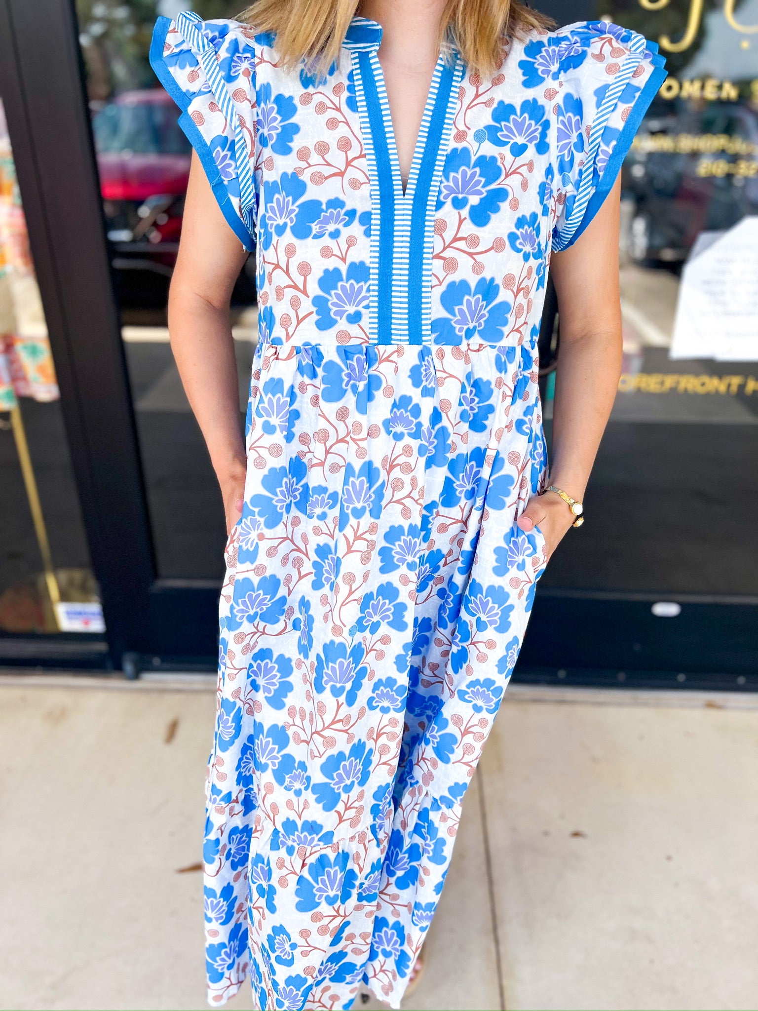 Bold Blue Floral Midi Dress-500 Midi-ENTRO-July & June Women's Fashion Boutique Located in San Antonio, Texas