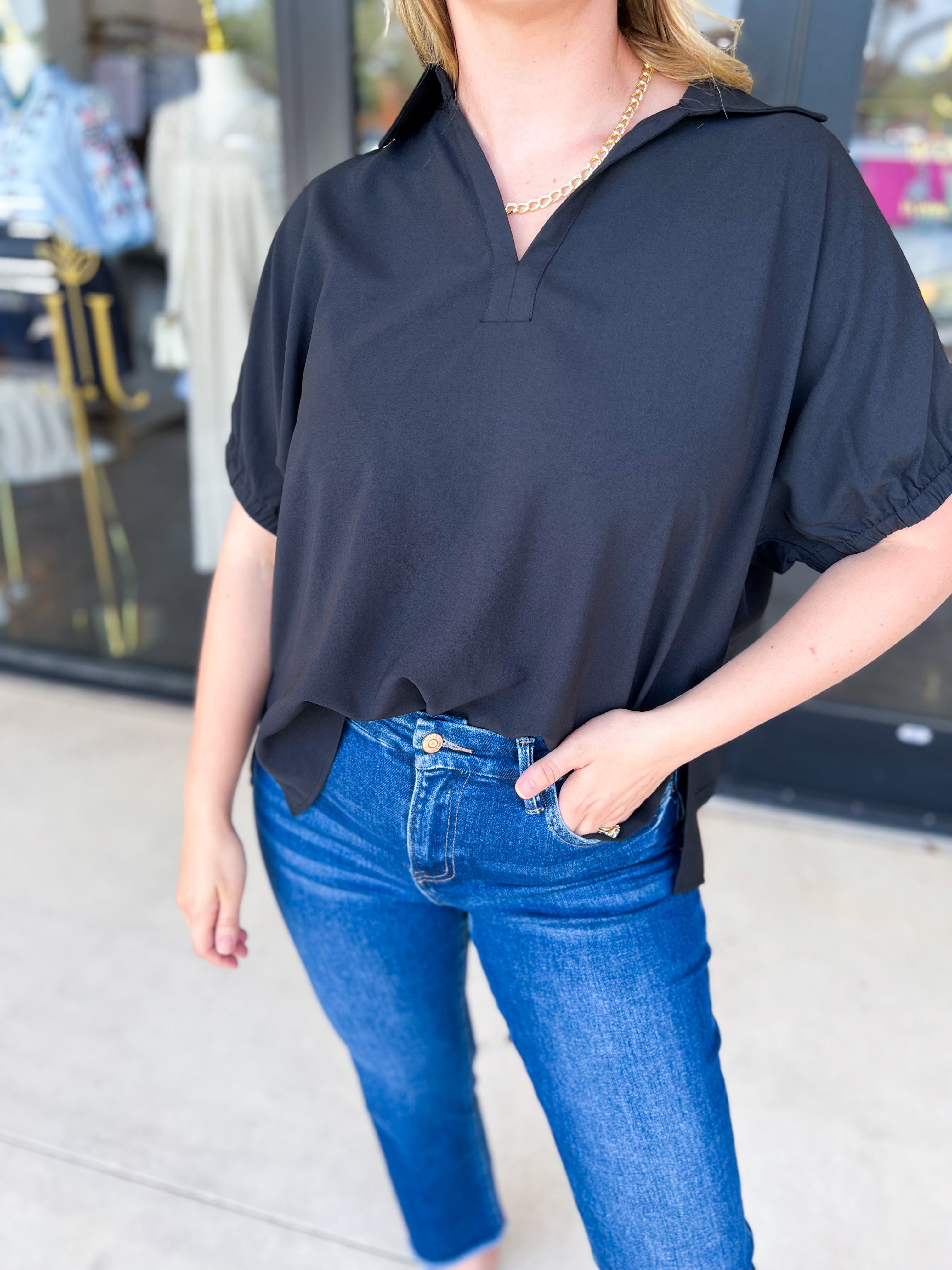 Closet Staple Collared Blouse - Black-200 Fashion Blouses-ENTRO-July & June Women's Fashion Boutique Located in San Antonio, Texas