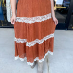 Rust Lace Midi Skirt-410 Shorts/Skirts-LISTICLE-July & June Women's Fashion Boutique Located in San Antonio, Texas