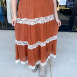Rust Lace Midi Skirt-410 Shorts/Skirts-LISTICLE-July & June Women's Fashion Boutique Located in San Antonio, Texas