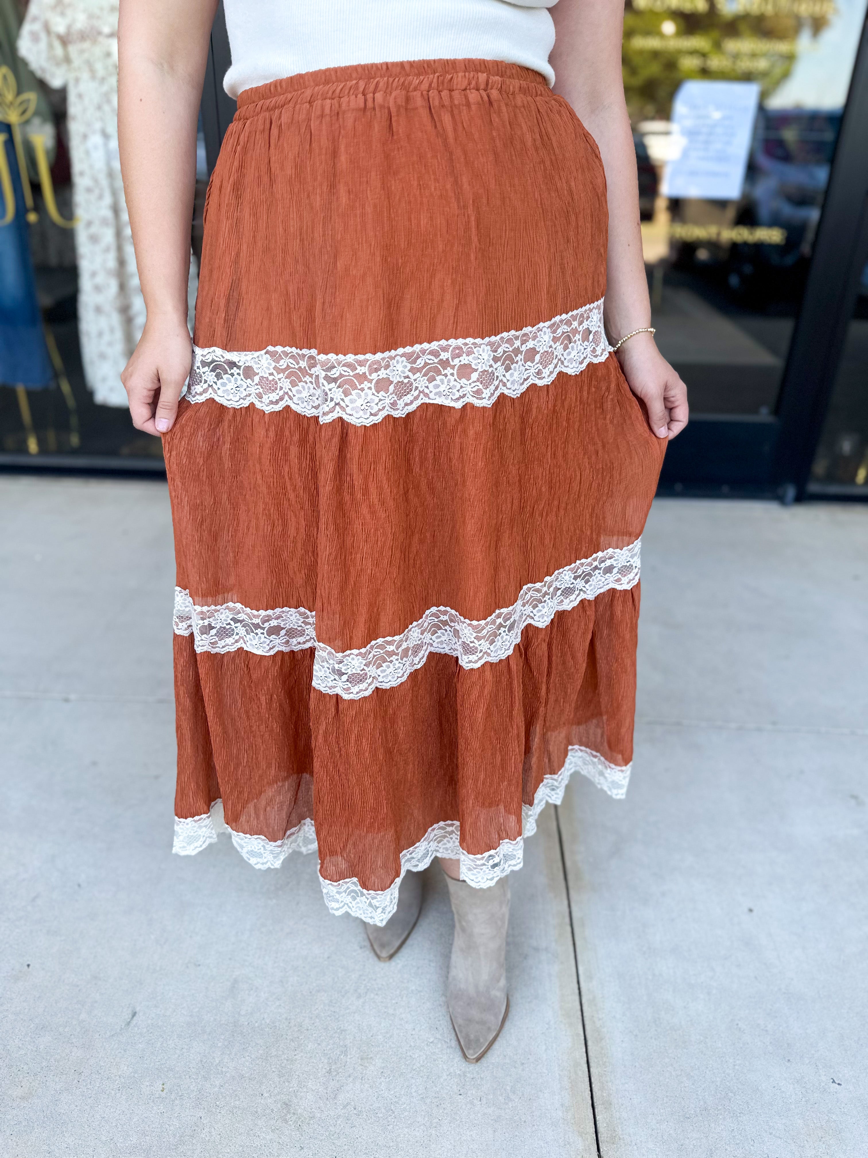 Rust Lace Midi Skirt-410 Shorts/Skirts-LISTICLE-July & June Women's Fashion Boutique Located in San Antonio, Texas