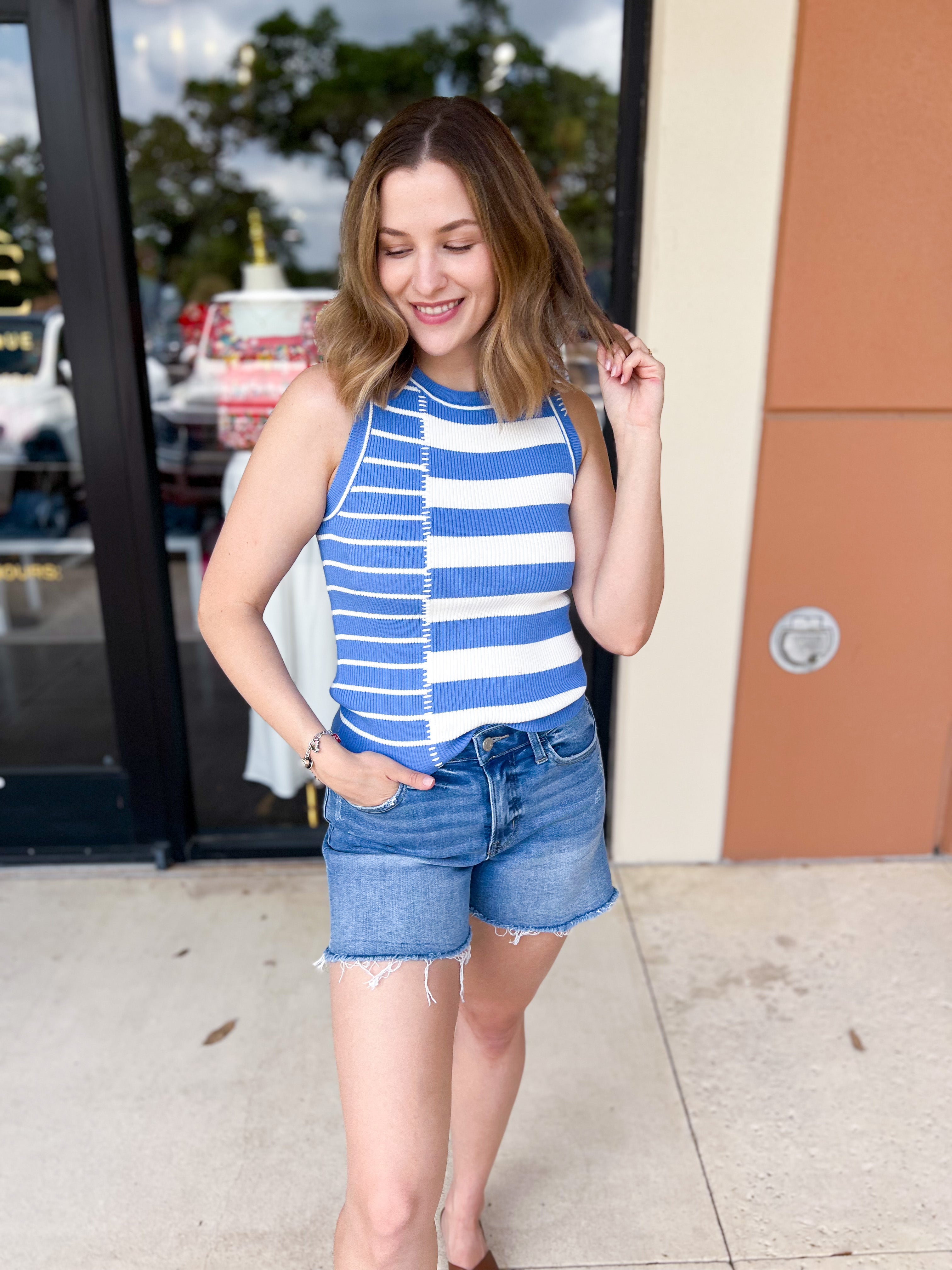 Seacrest Knit Tank - Light Blue-210 Casual Blouses-ENTRO-July & June Women's Fashion Boutique Located in San Antonio, Texas