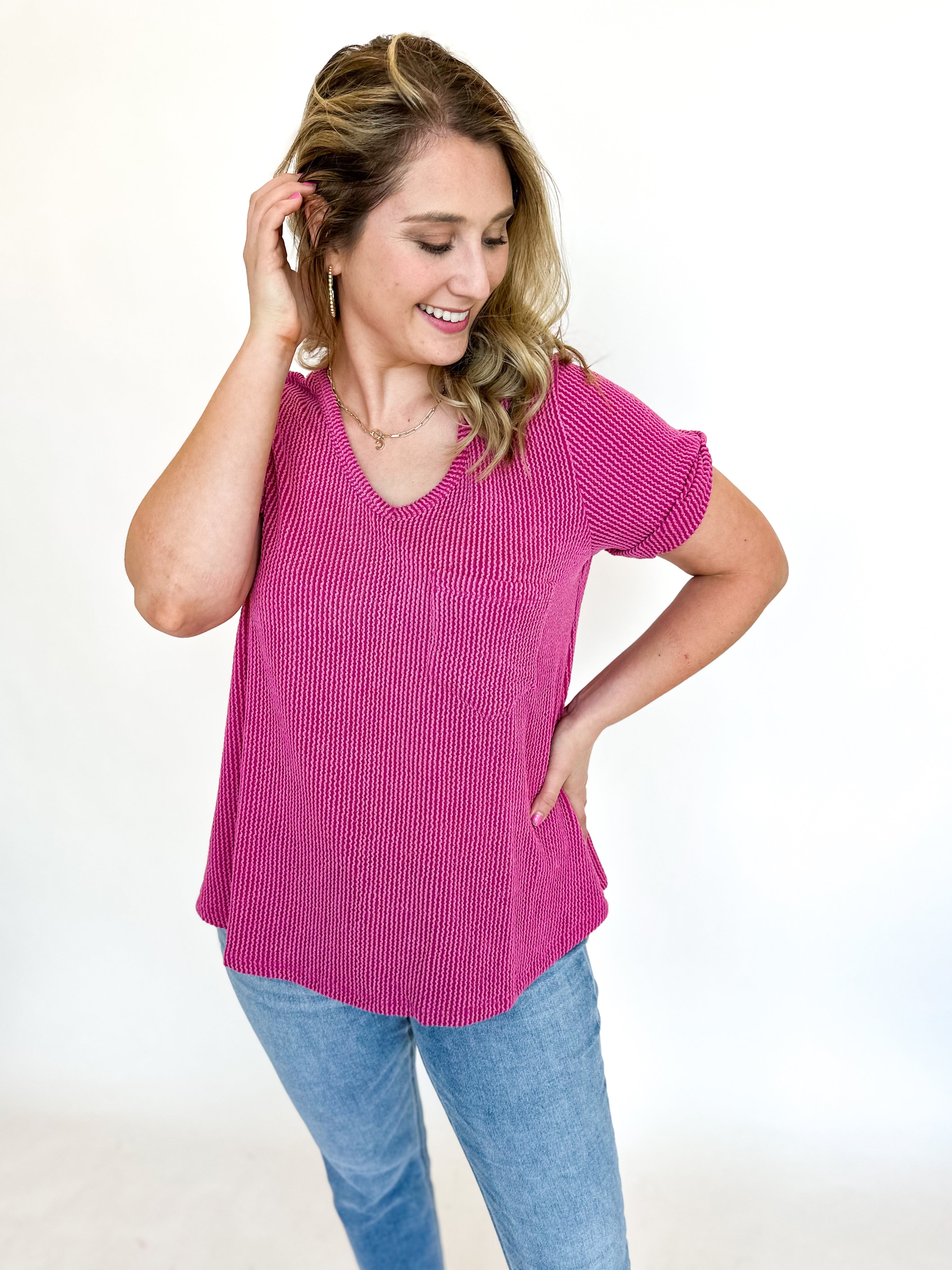 Ribbed V-Neck Tee - Pink-210 Casual Blouses-ENTRO-July & June Women's Fashion Boutique Located in San Antonio, Texas