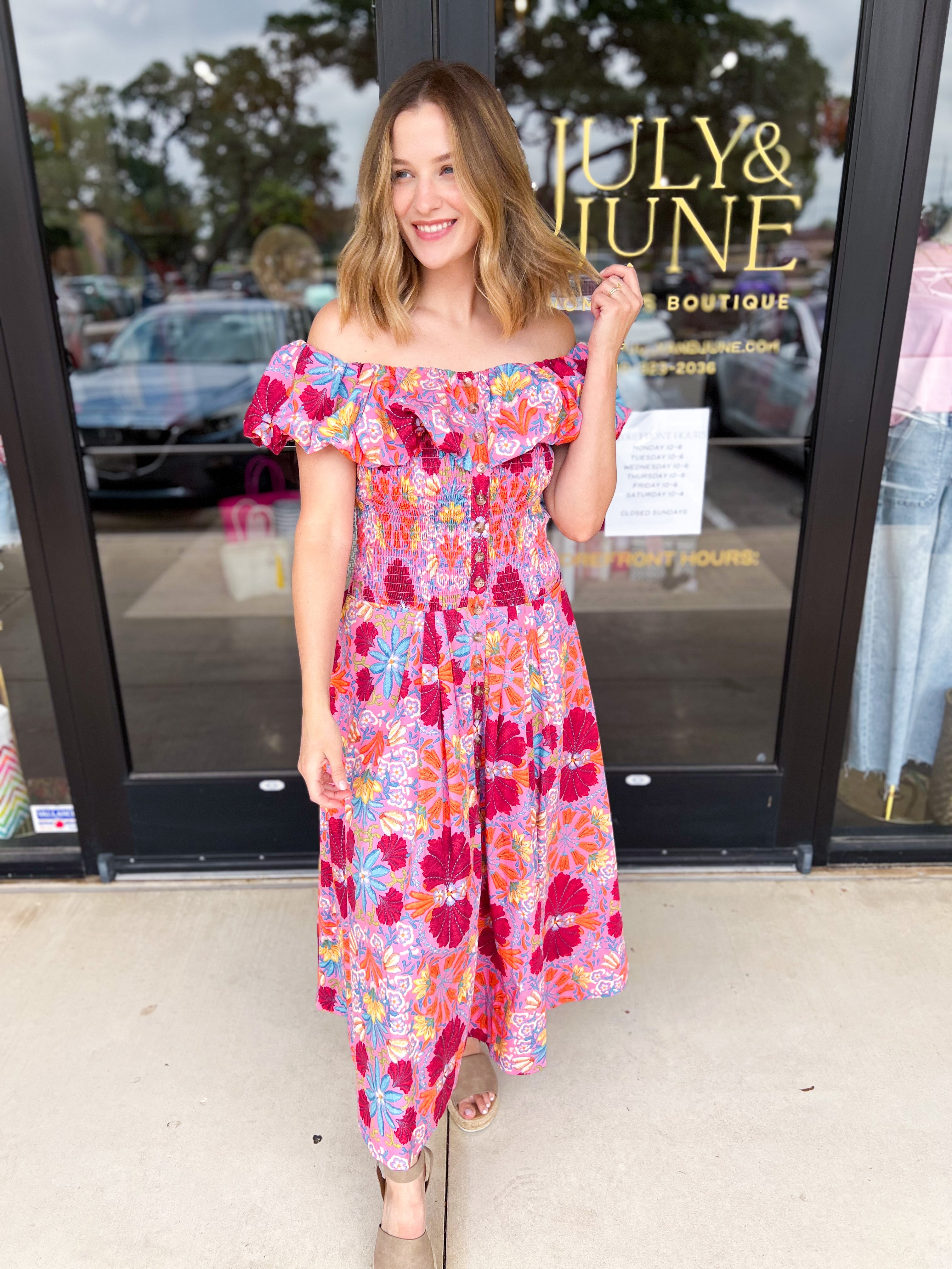 The Callie Floral Off The Shoulder Midi Dress-500 Midi-OLIVACEOUS-July & June Women's Fashion Boutique Located in San Antonio, Texas
