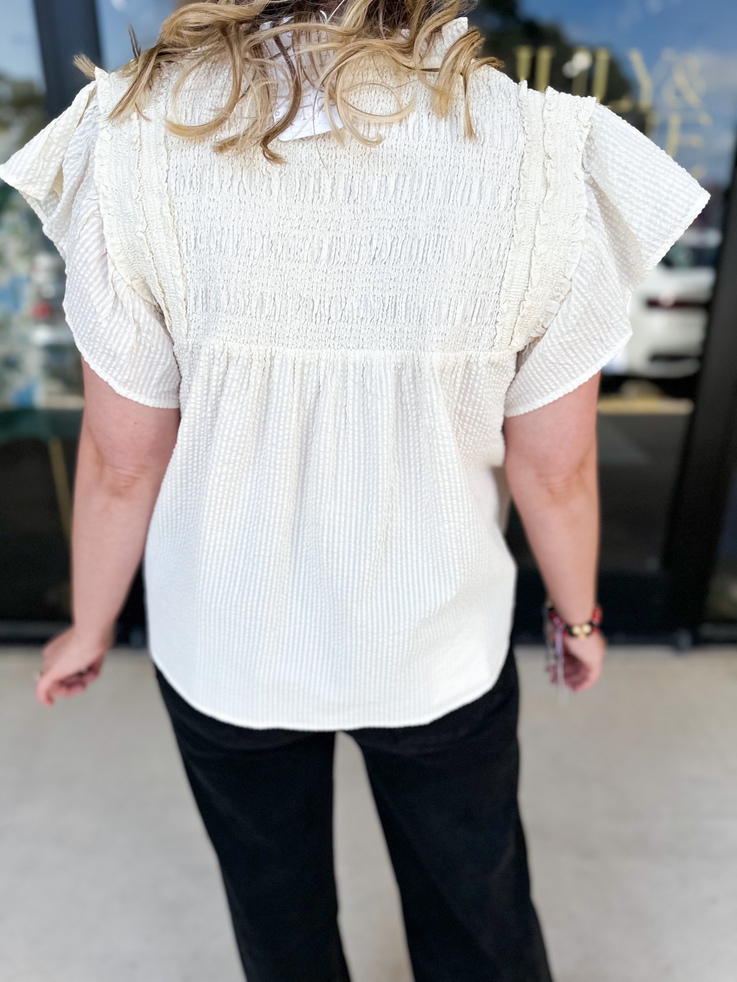 THML - Cream Textured Flutter Sleeve Blouse-200 Fashion Blouses-THML-July & June Women's Fashion Boutique Located in San Antonio, Texas