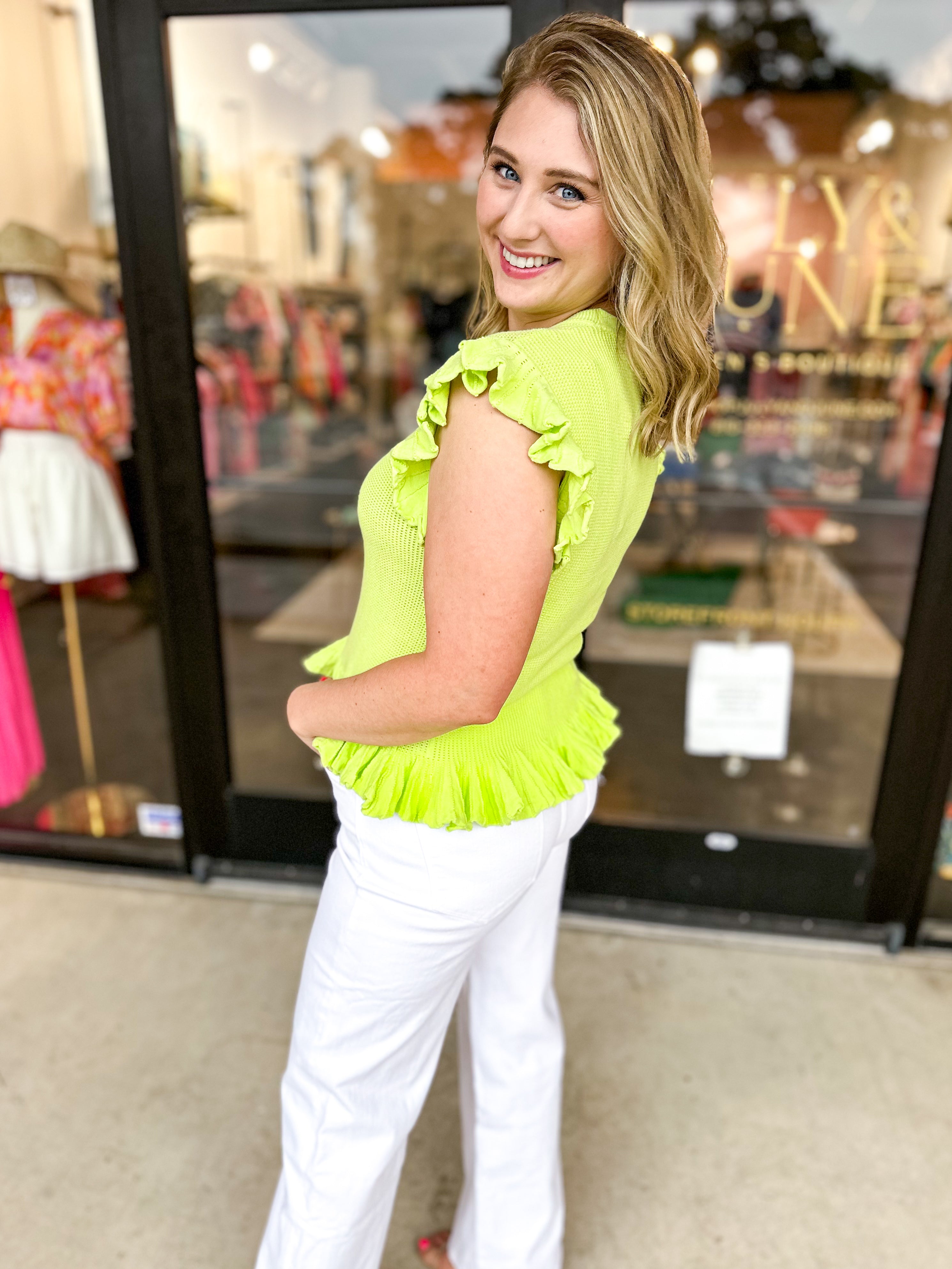 Ruffle Knit Tee - Lime-200 Fashion Blouses-&MERCI-July & June Women's Fashion Boutique Located in San Antonio, Texas