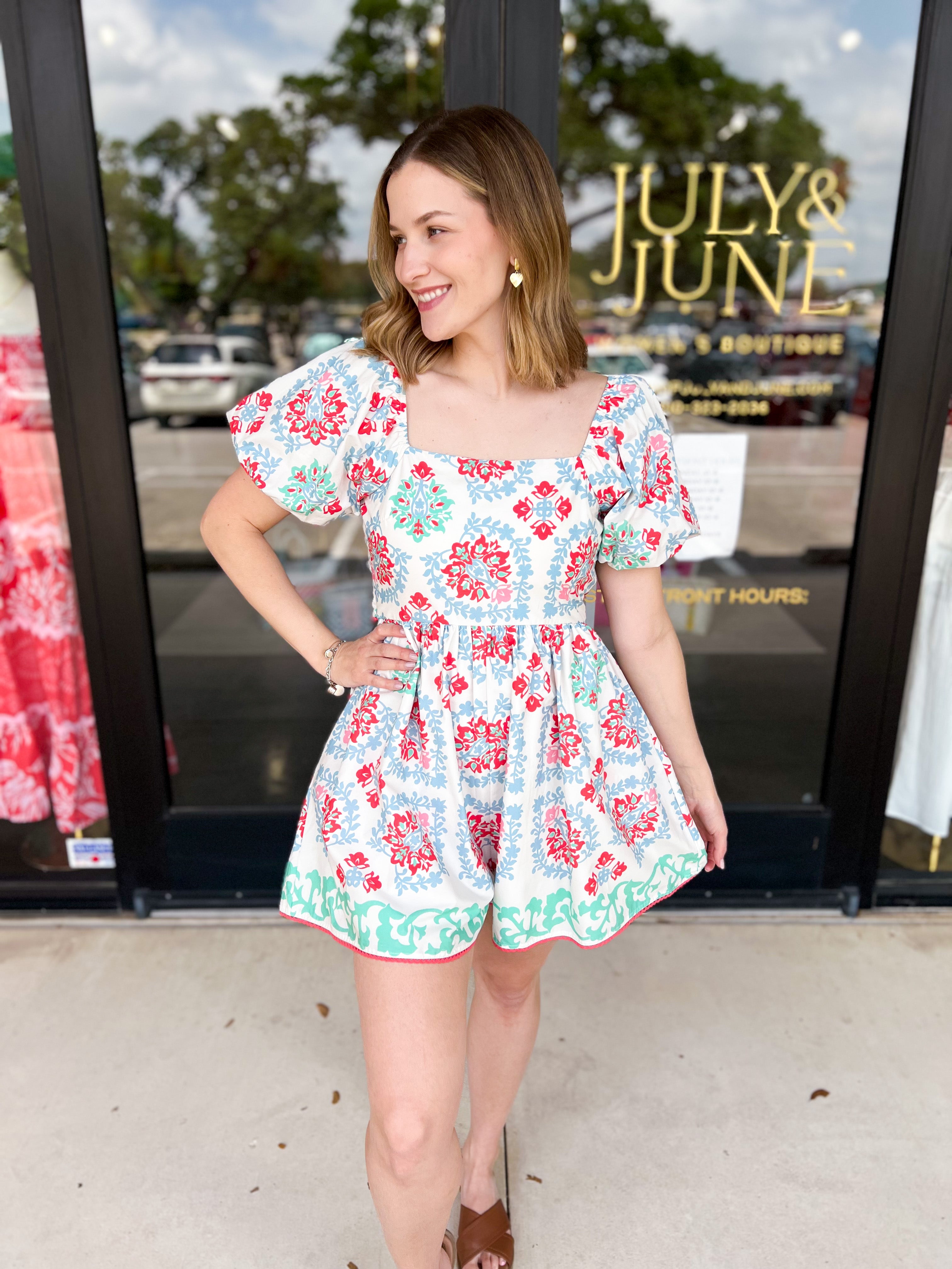 Border Print Puff Sleeve Romper-510 Mini-PEACH LOVE-July & June Women's Fashion Boutique Located in San Antonio, Texas