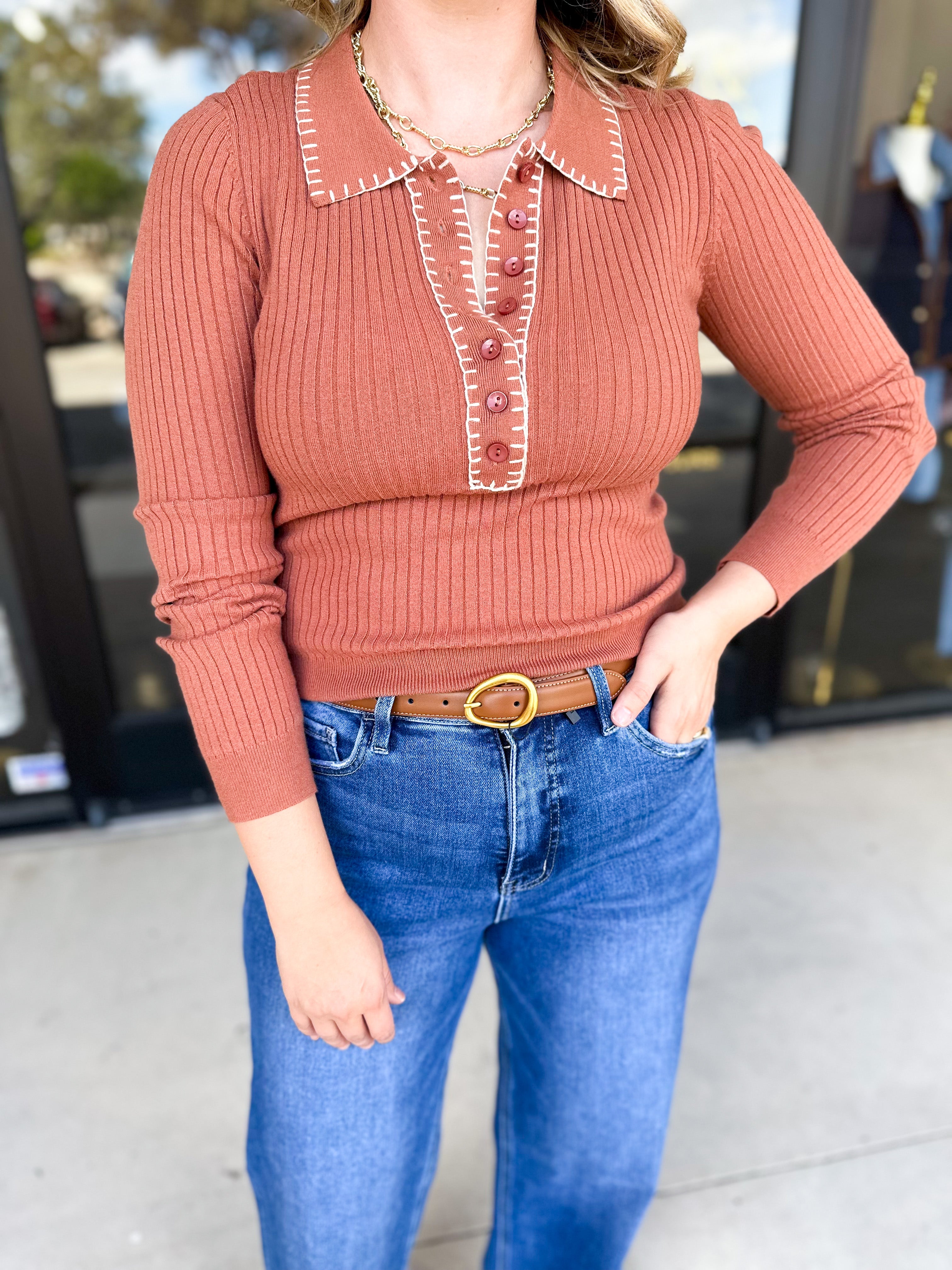 Tailored Knit Long Sleeve - Rust-230 Sweaters/Cardis-LISTICLE-July & June Women's Fashion Boutique Located in San Antonio, Texas