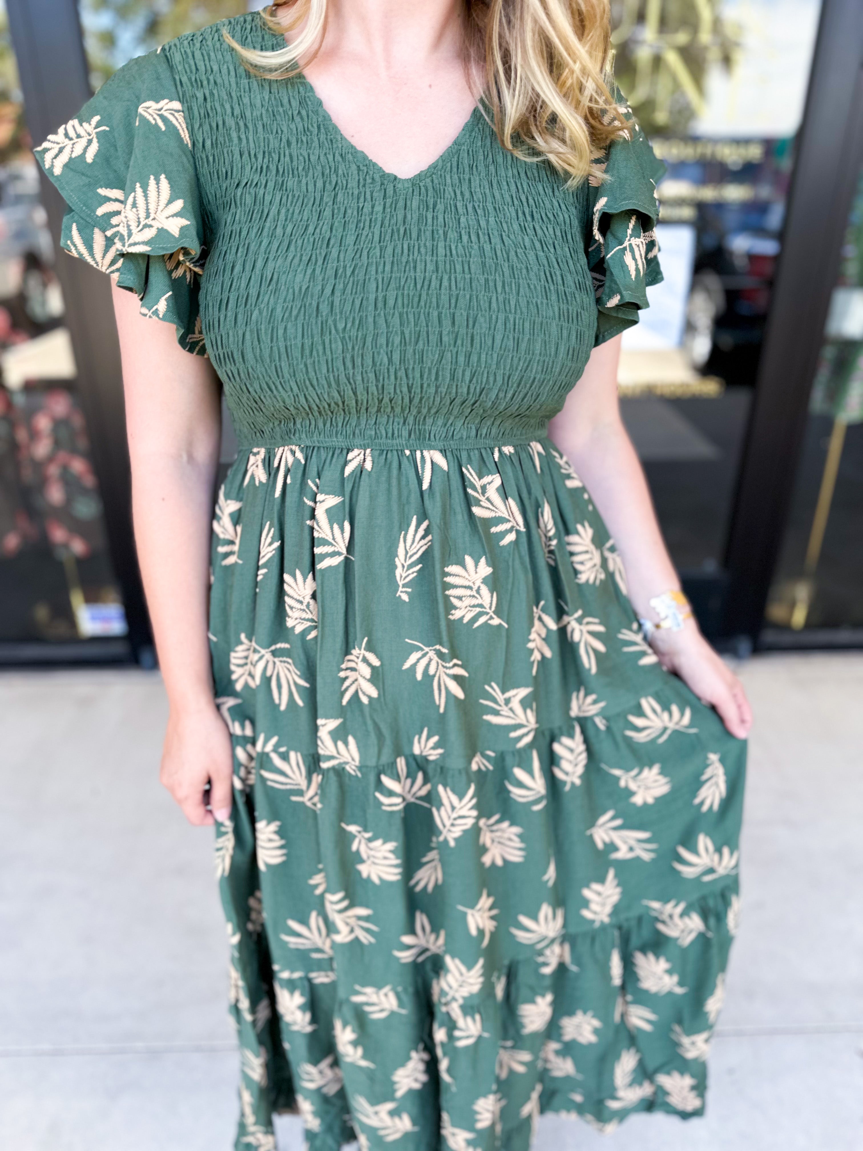 Dusty Green Embroidered Midi Dress-500 Midi-POLOGRAM-July & June Women's Fashion Boutique Located in San Antonio, Texas