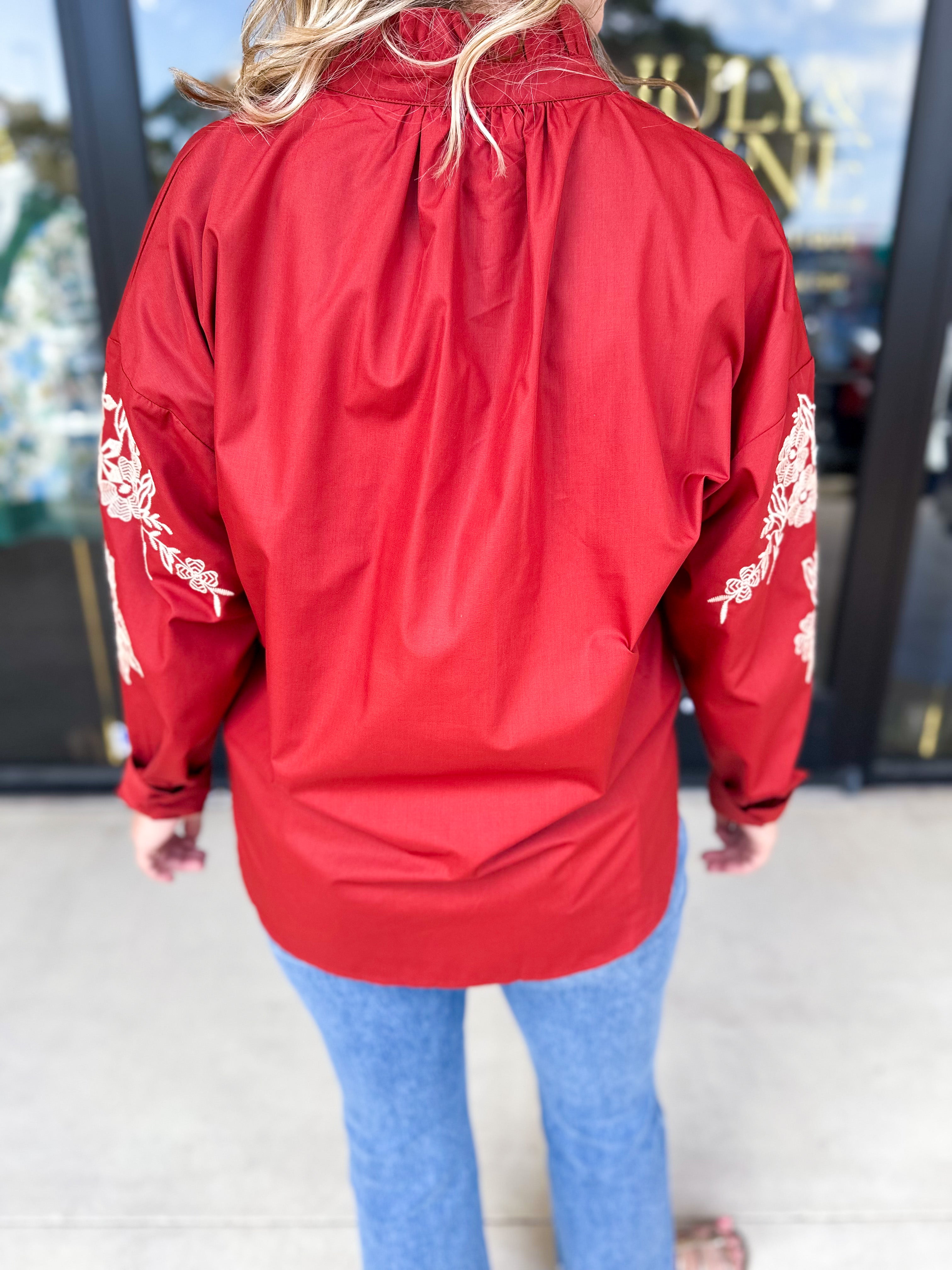 Elara Embroidered Blouse - Rust-200 Fashion Blouses-ENTRO-July & June Women's Fashion Boutique Located in San Antonio, Texas