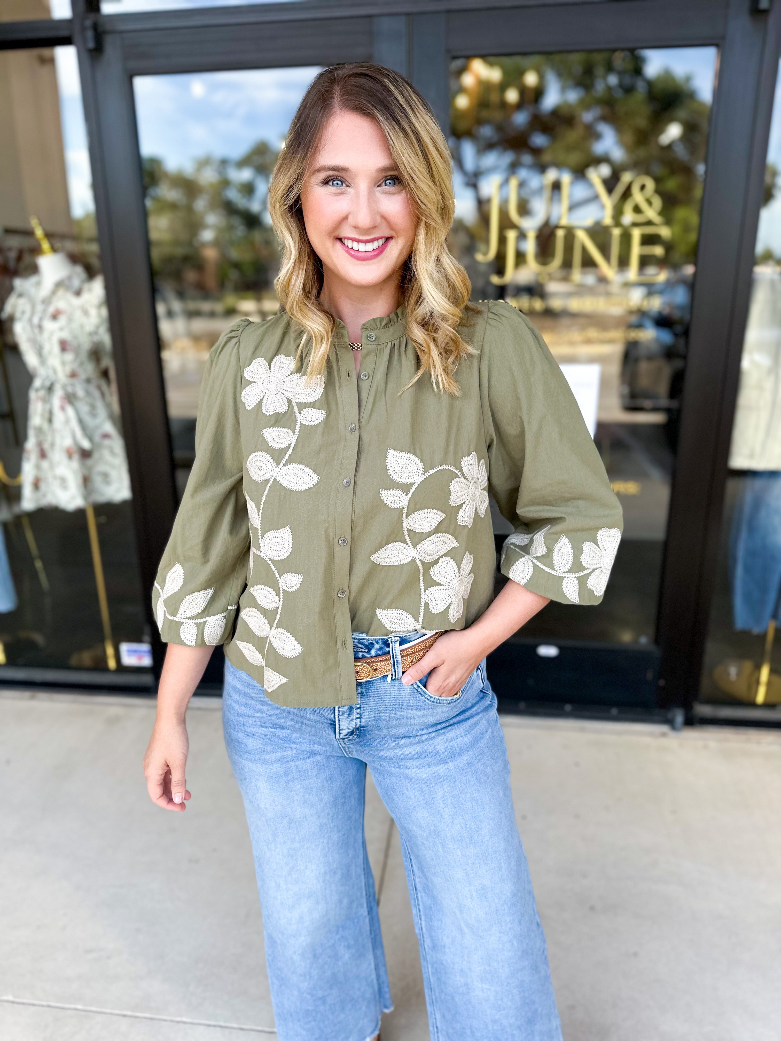 Mallory Embroidered Blouse - Light Olive-200 Fashion Blouses-ABLE-July & June Women's Fashion Boutique Located in San Antonio, Texas