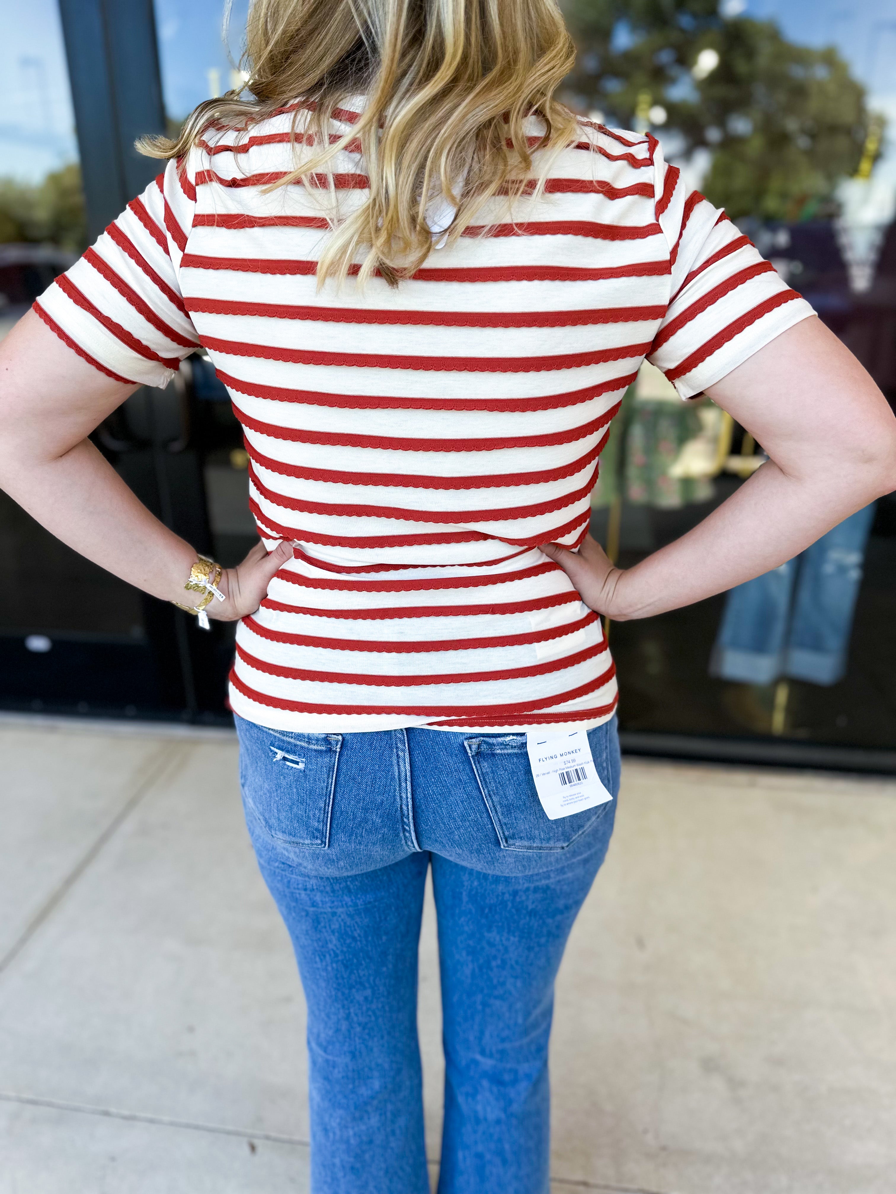 Striped Round Neck Tee - Rust-210 Casual Blouses-POLOGRAM-July & June Women's Fashion Boutique Located in San Antonio, Texas