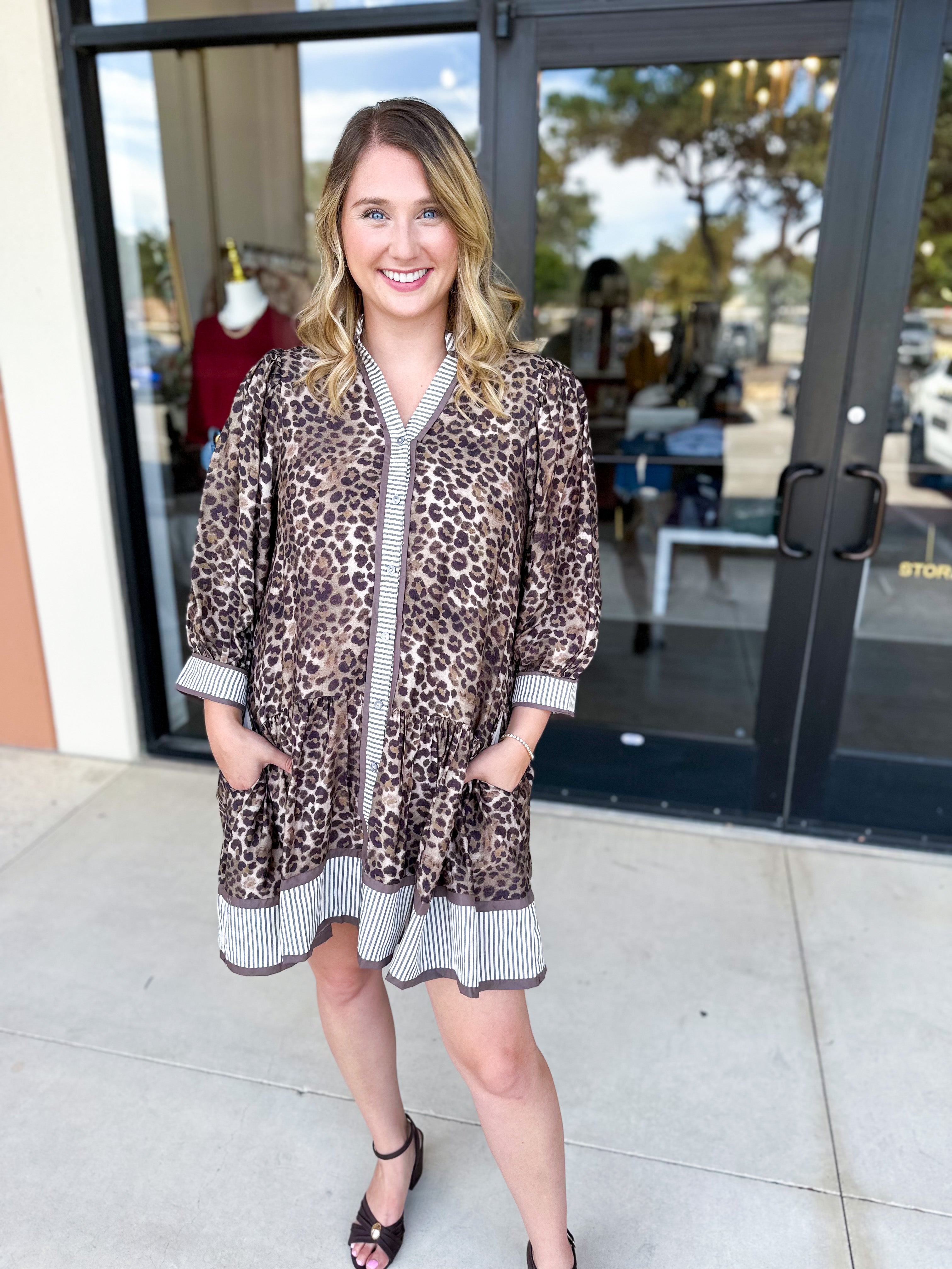 Leopard Button Down Mini Dress-510 Mini-ENTRO-July & June Women's Fashion Boutique Located in San Antonio, Texas
