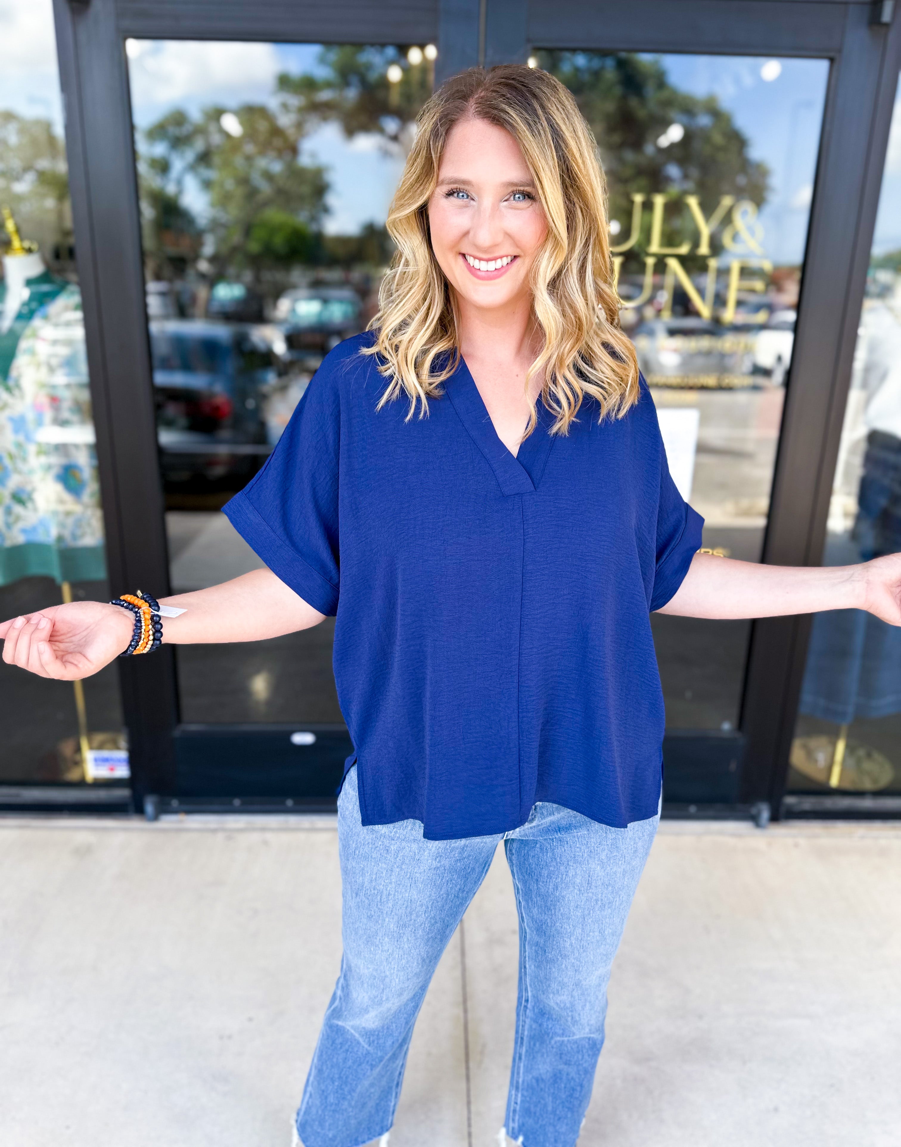 The Everyday Collard Blouse - Navy-200 Fashion Blouses-JODIFL-July & June Women's Fashion Boutique Located in San Antonio, Texas