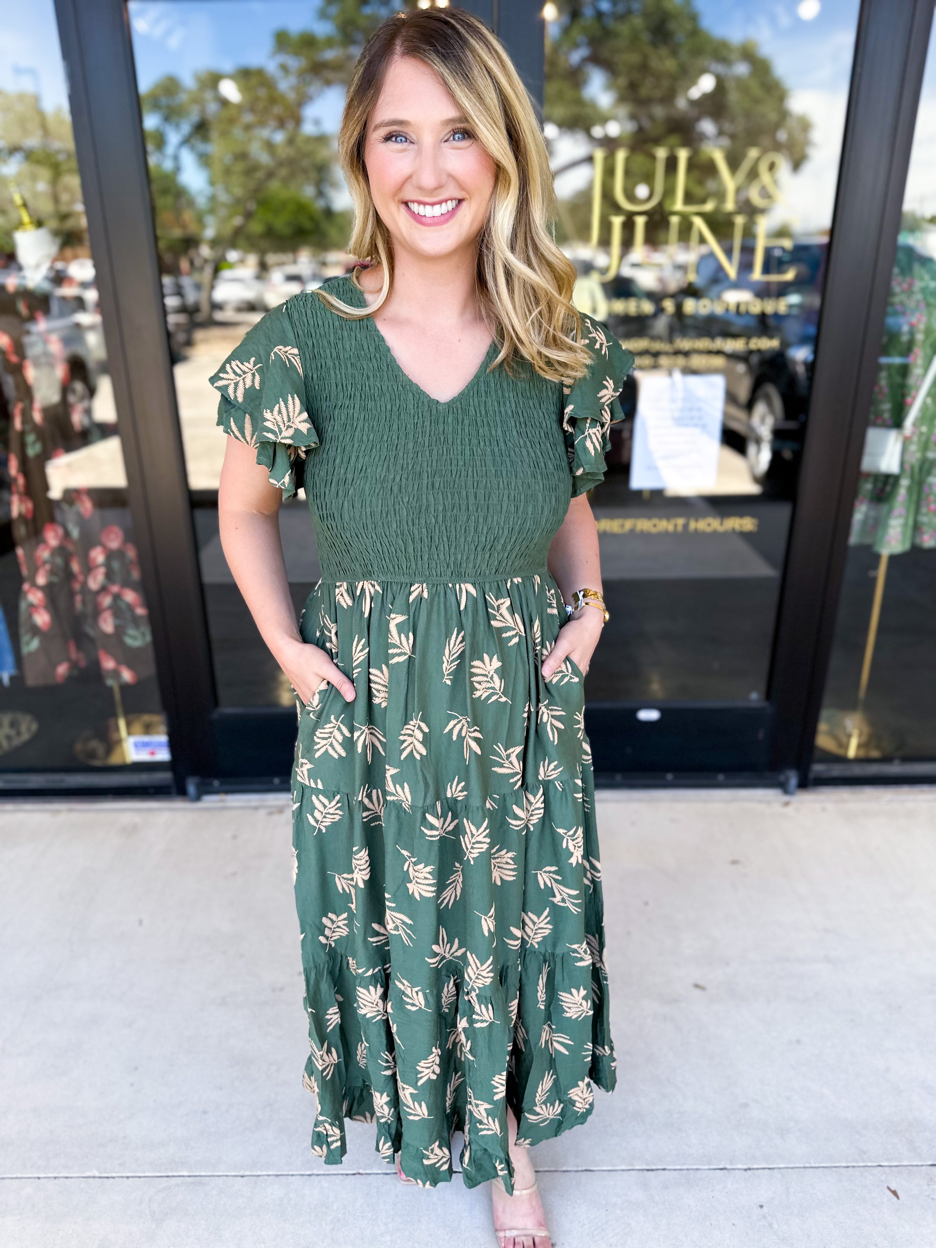 Dusty Green Embroidered Midi Dress-500 Midi-POLOGRAM-July & June Women's Fashion Boutique Located in San Antonio, Texas