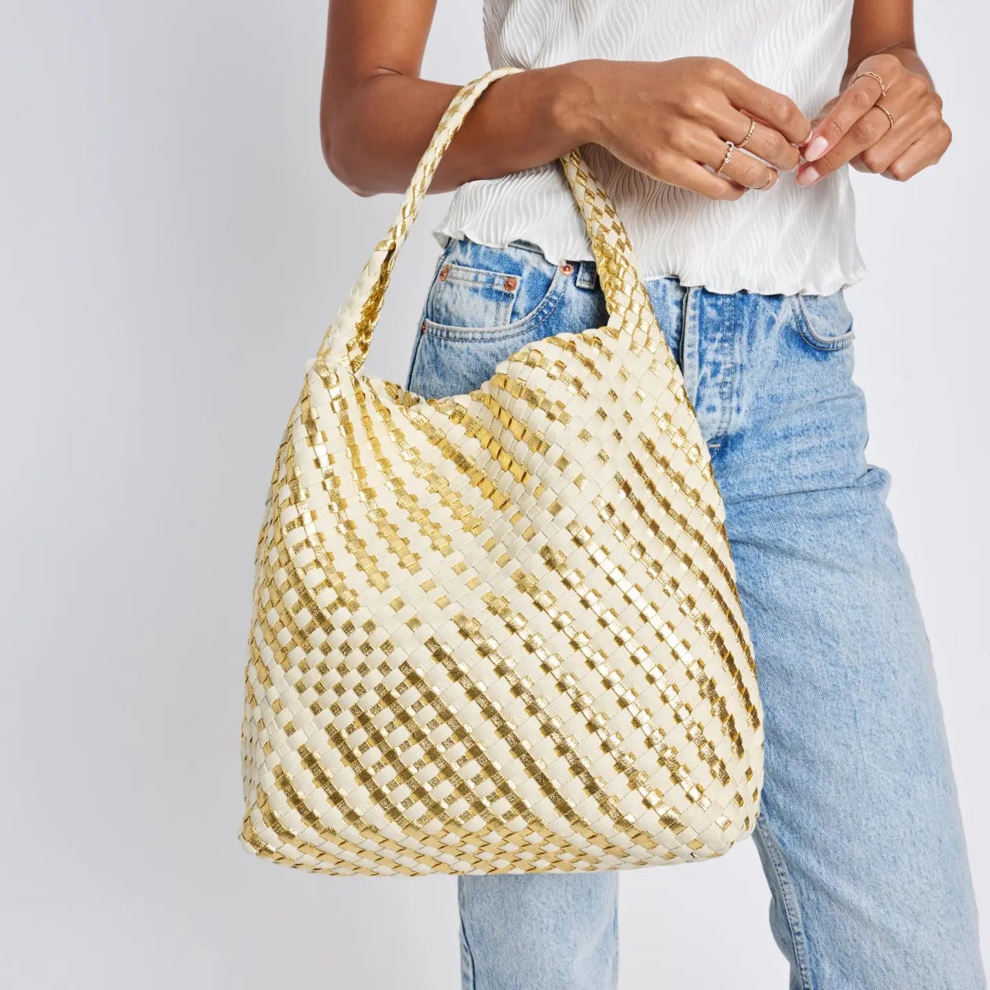 Ellery Mixed Woven Hobo Bag - Gold-130 ACCESSORIES-Moda Luxe-July & June Women's Fashion Boutique Located in San Antonio, Texas