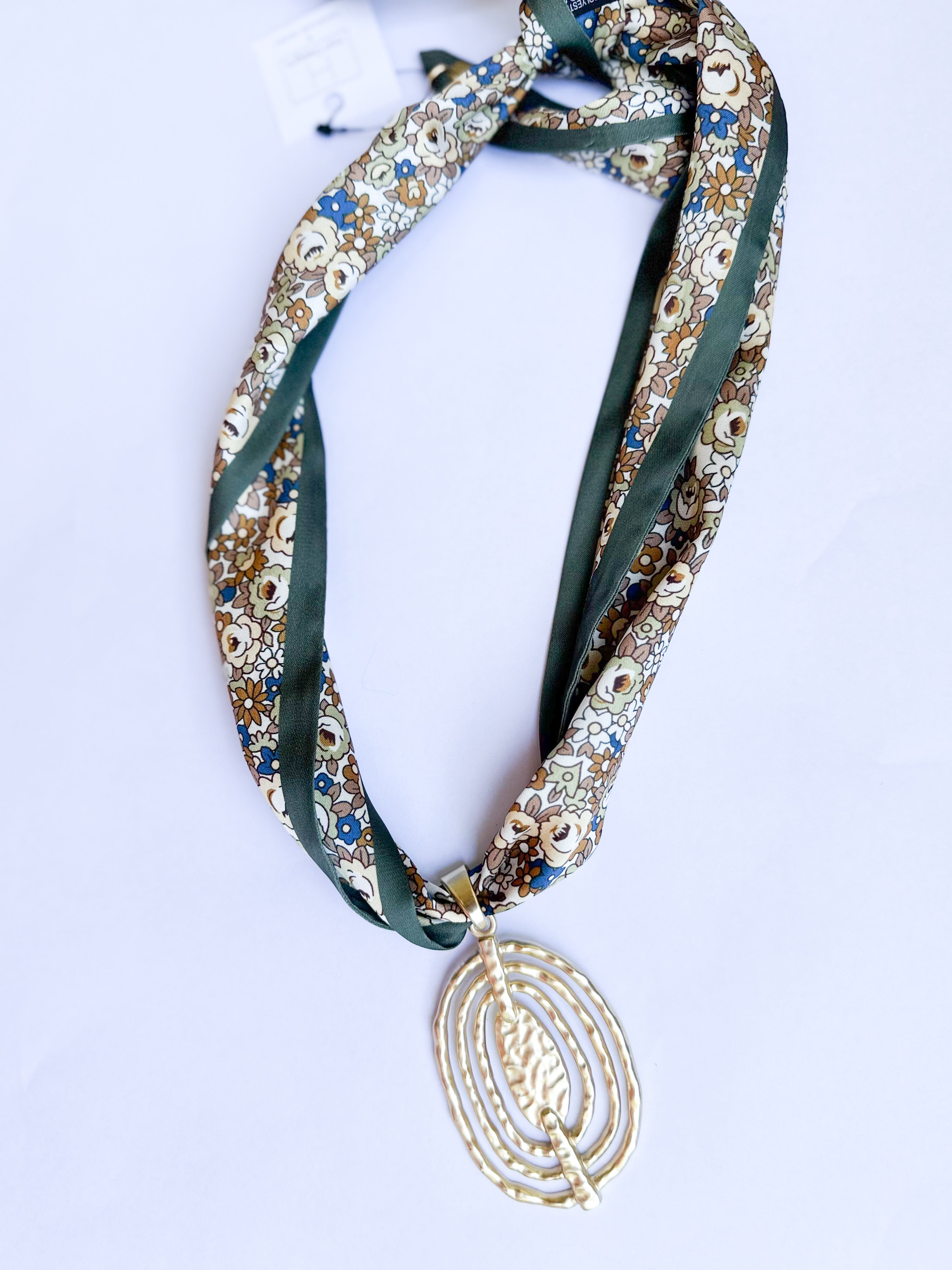 Scarf Necklace - Olive Floral Funky Oval-110 Jewelry & Hair-HART DESIGNS-July & June Women's Fashion Boutique Located in San Antonio, Texas