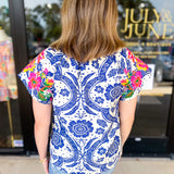 THML - Bold Blue Embroidered Blouse-200 Fashion Blouses-THML-July & June Women's Fashion Boutique Located in San Antonio, Texas